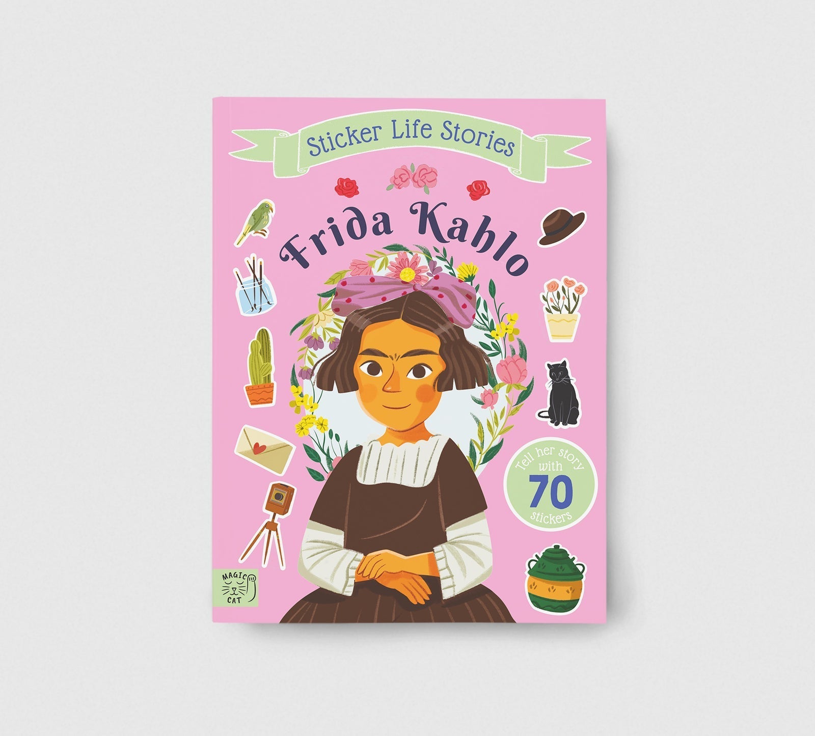 Book cover of 'Frida Kahlo' sticker life stories with illustrations on a pink background