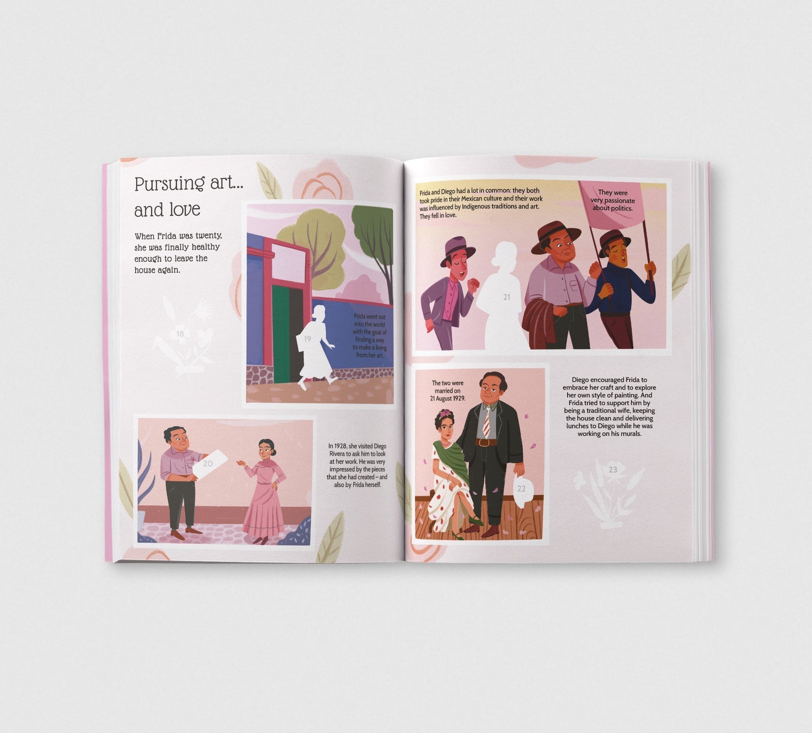 Open book with illustrated pages on a white background
