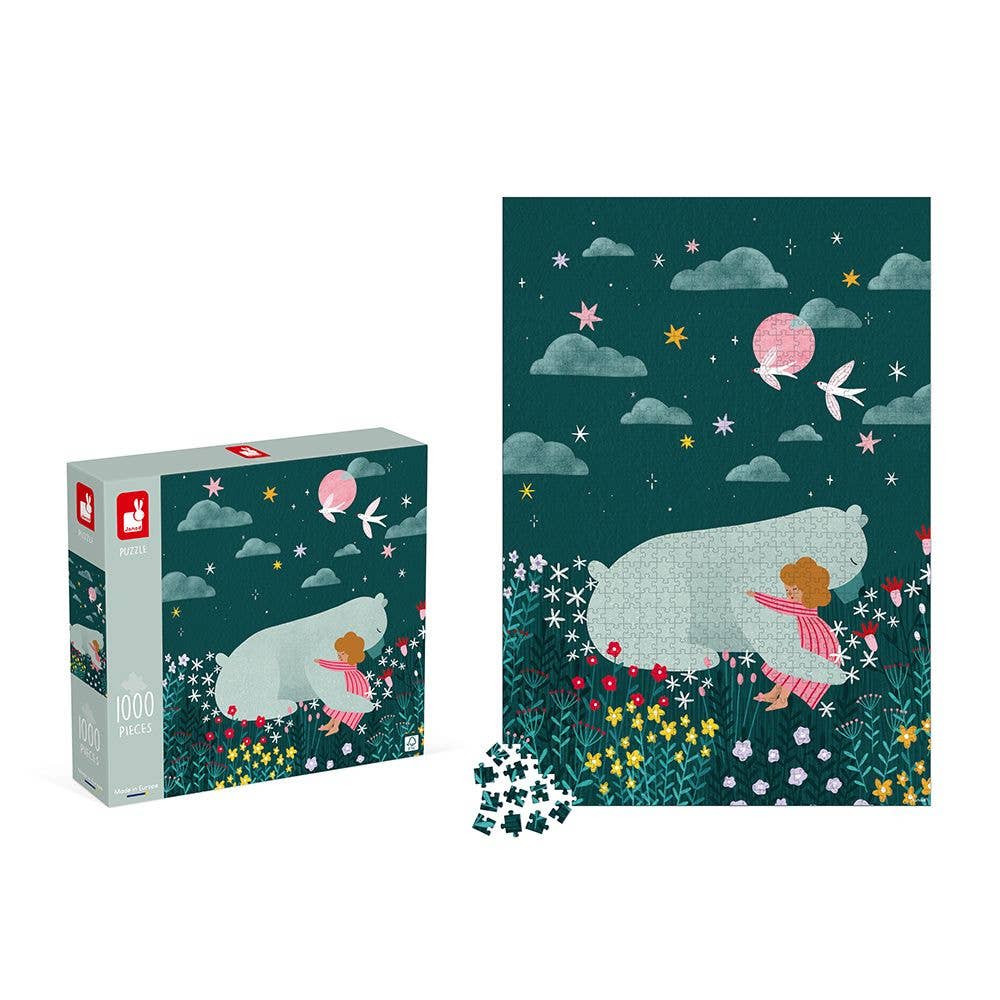 Polar bear and child puzzle with packaging on a white background