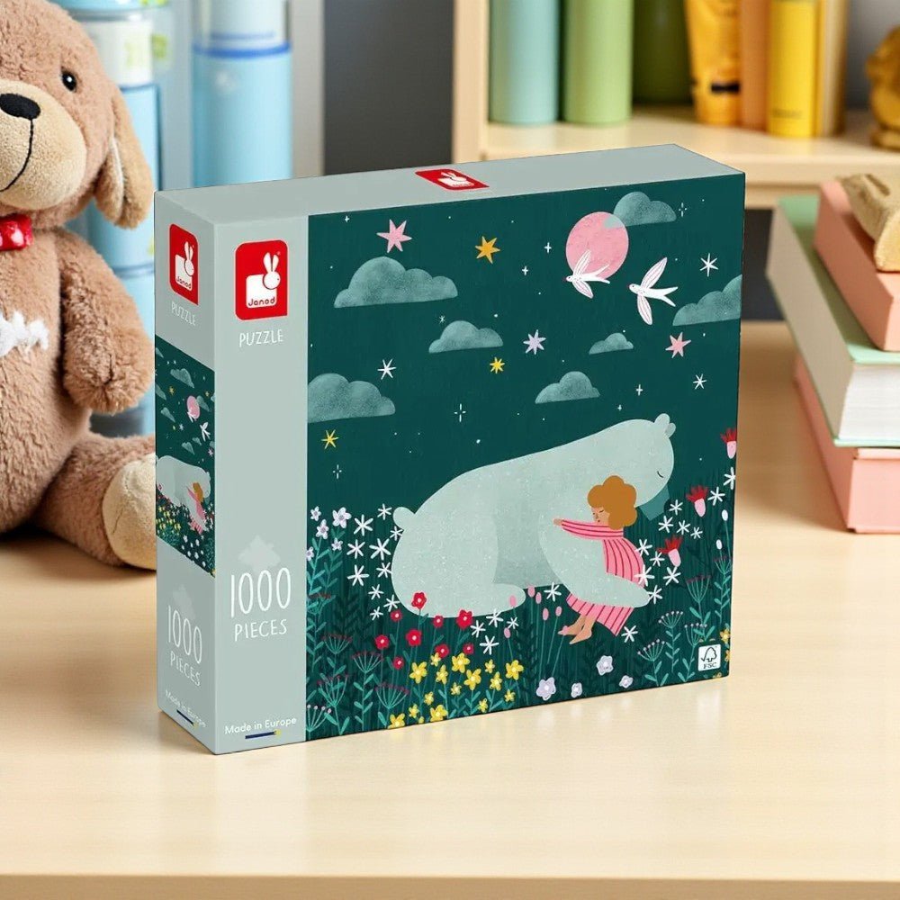Puzzle box with a bear and child illustration on a table with toys in the background