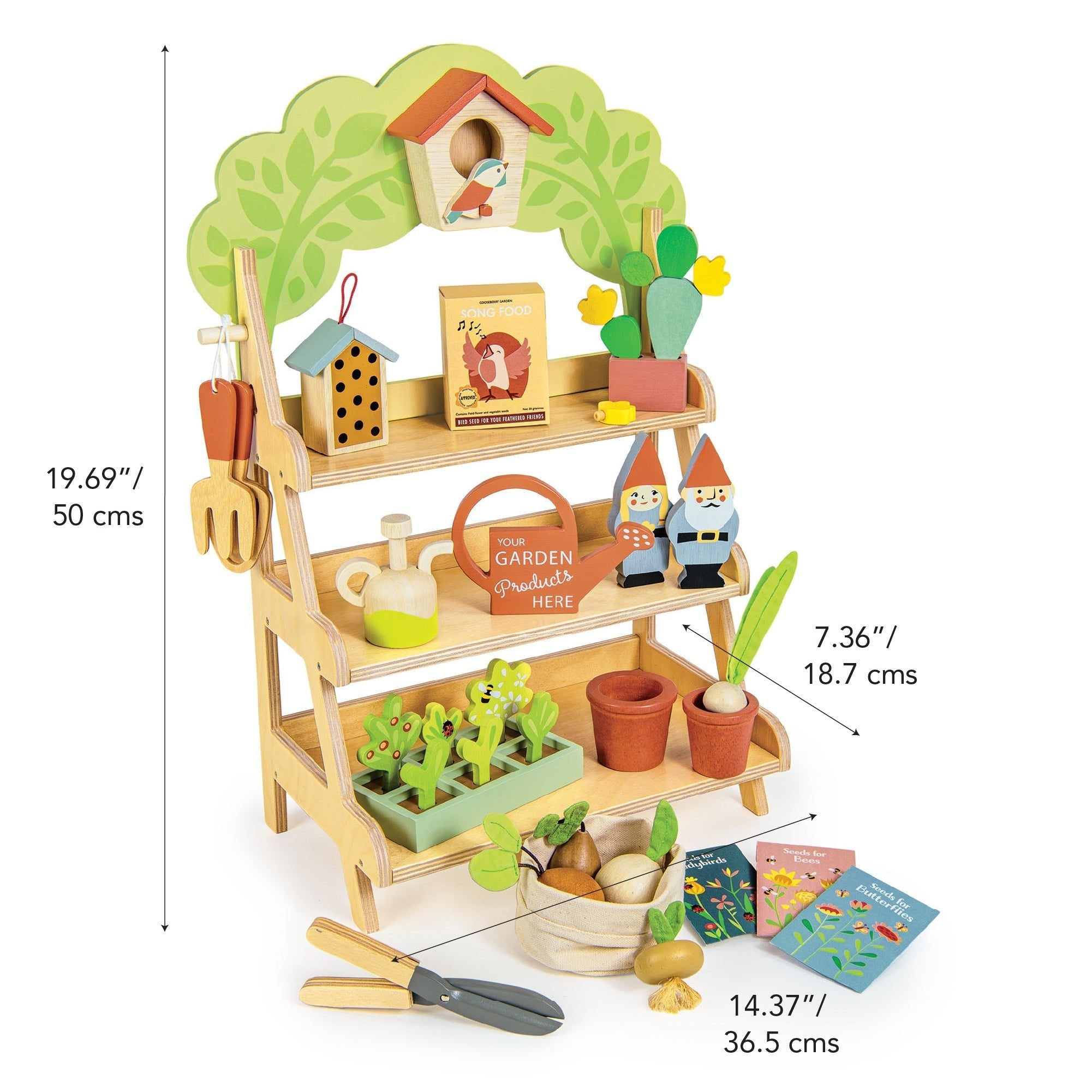 Wooden play set with shelves, plants, and gardening tools on a white background