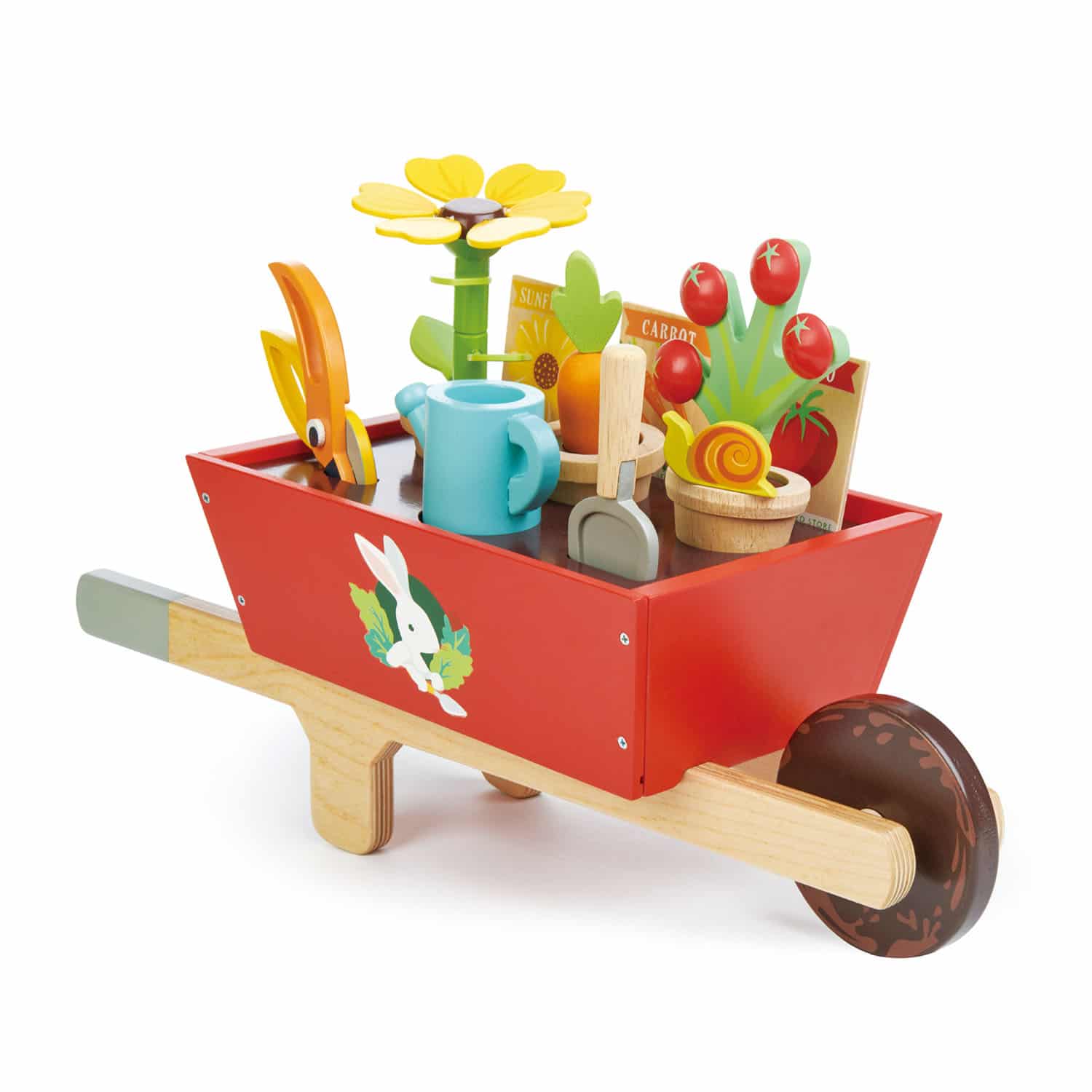 Red wheelbarrow, complete with selection of wooden toys including watering can, trowel.  