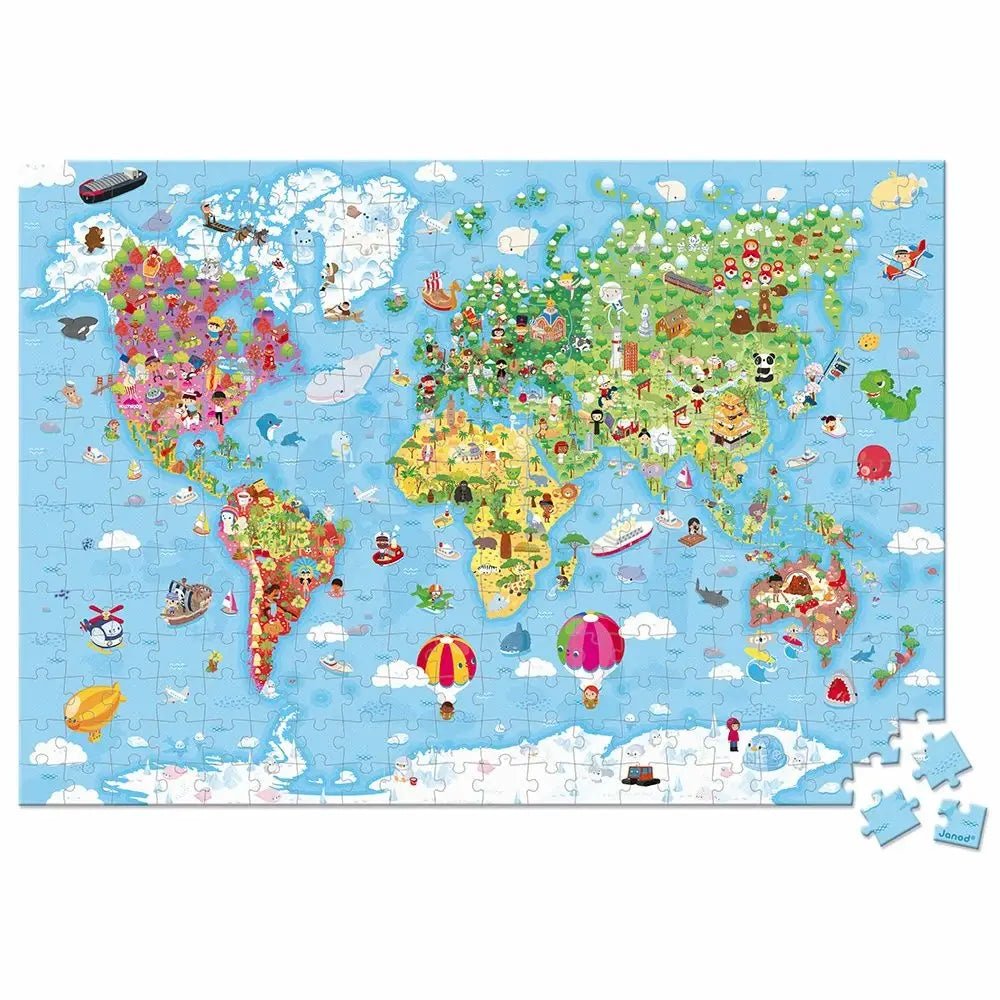 Children's world map puzzle with colorful illustrations on a blue background