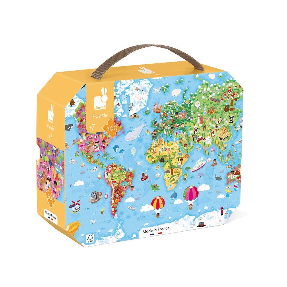 World map puzzle box with colorful design on a white background