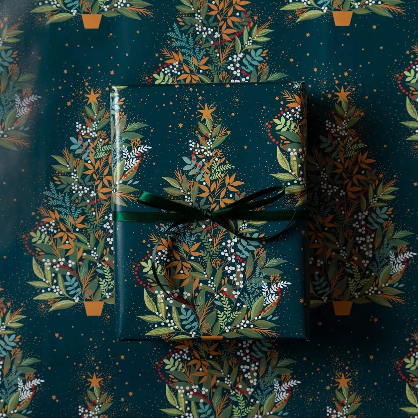 Present with decorative ribbon on a matching floral patterned background