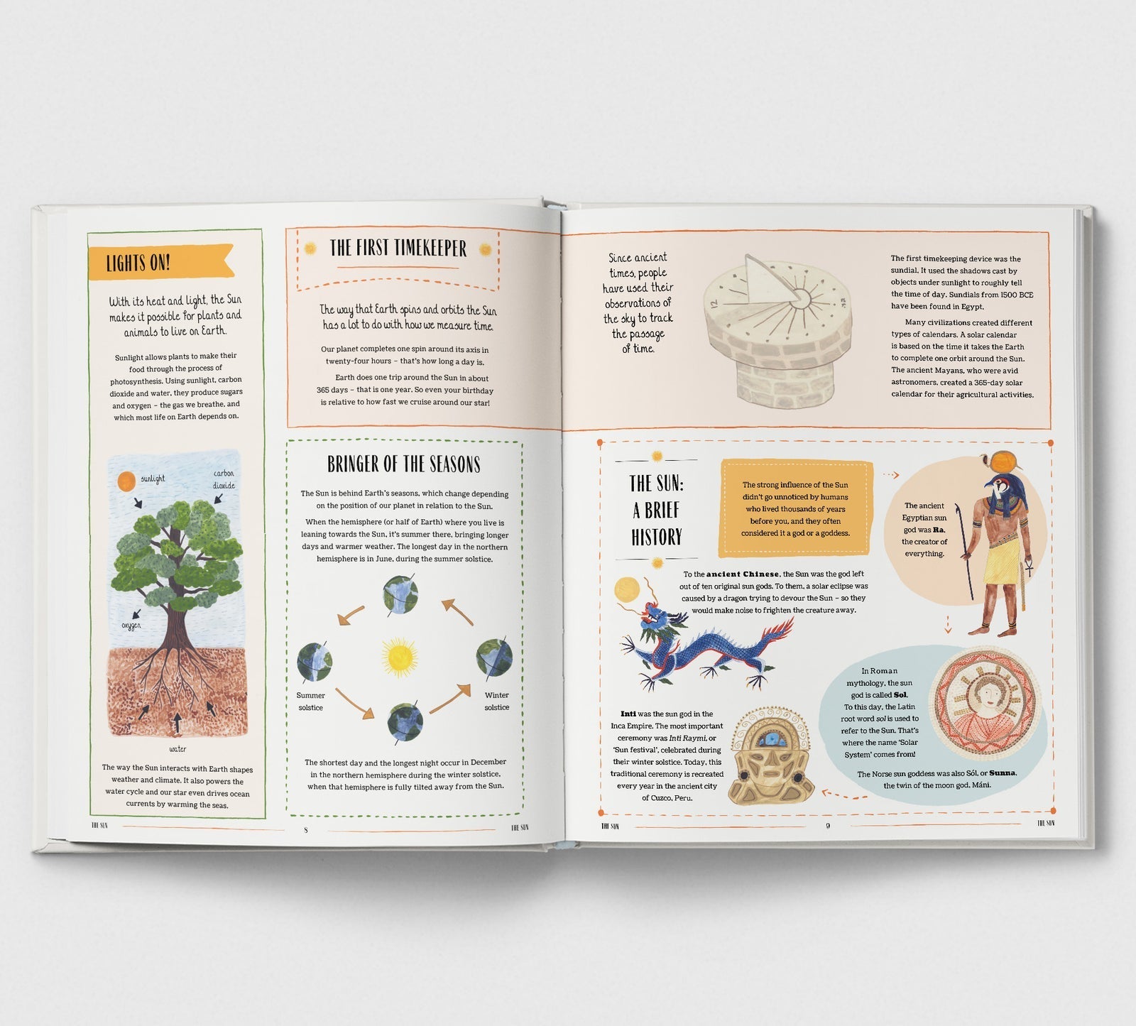 Open book with educational content on a white background