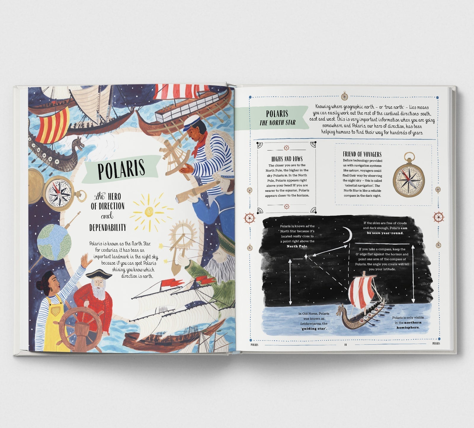 Open book with illustrations and text about Polaris, a star in the night sky.