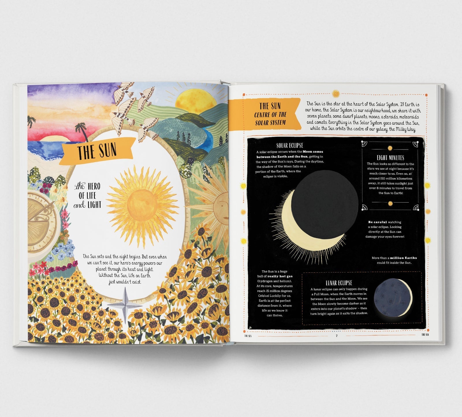 Open book showing a page about the Sun with illustrations and text.
