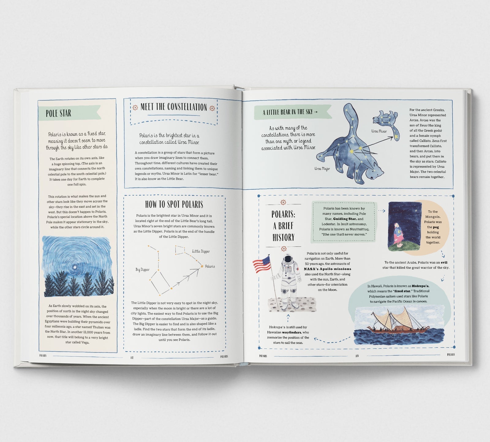 Open book with educational content on a white background