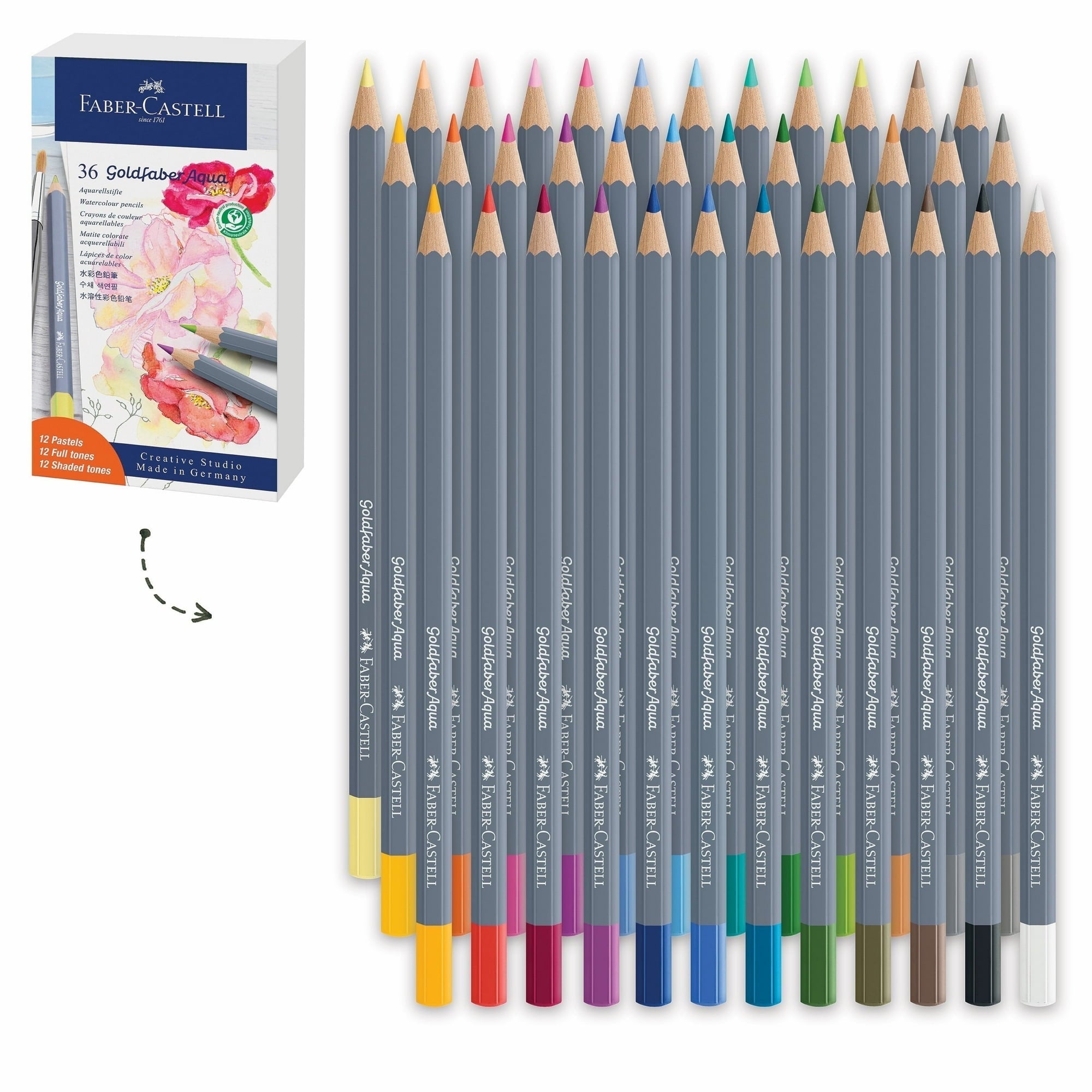 Faber-Castell colored pencils with a box in the corner on a white background