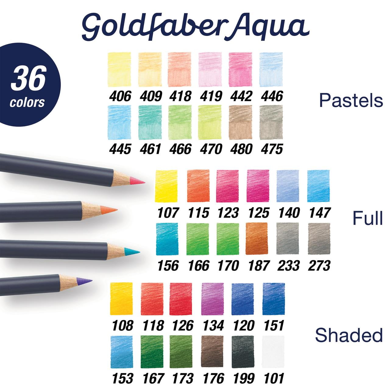 Goldfaber Aqua color swatches with pencils on a white background