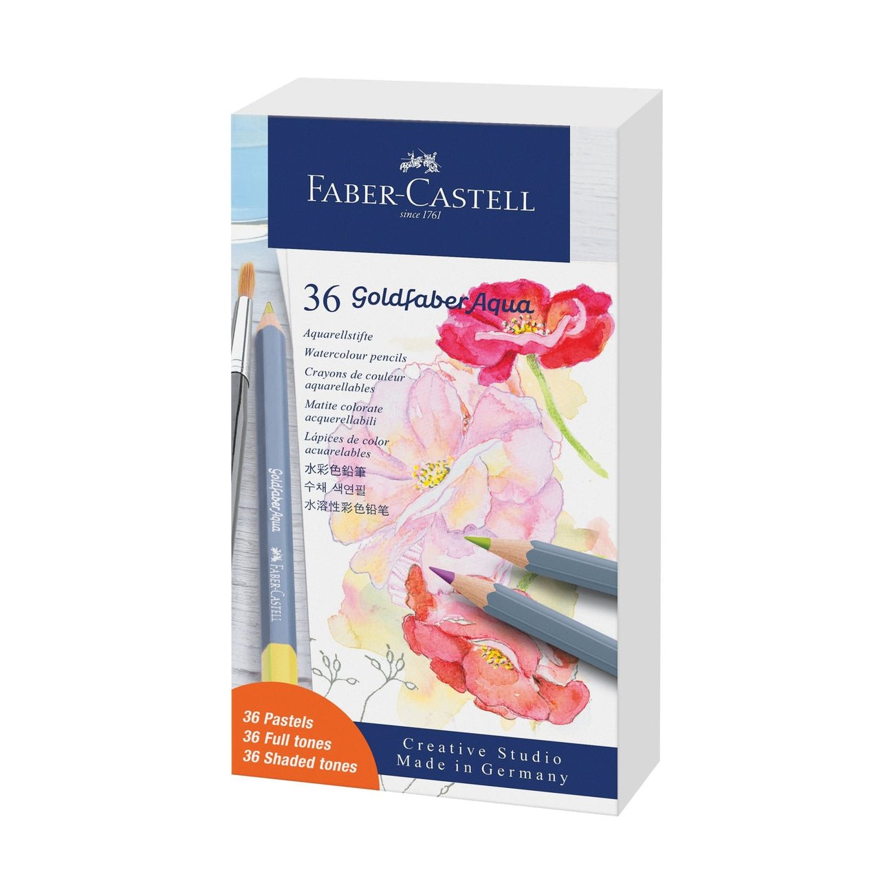 Faber-Castell Goldfaber Aqua watercolor pencil set packaging with flowers on a white background