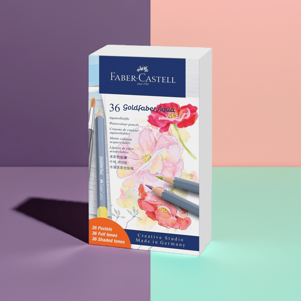 Faber-Castell Goldfaber Aqua watercolor pencil set packaging on a colorful background