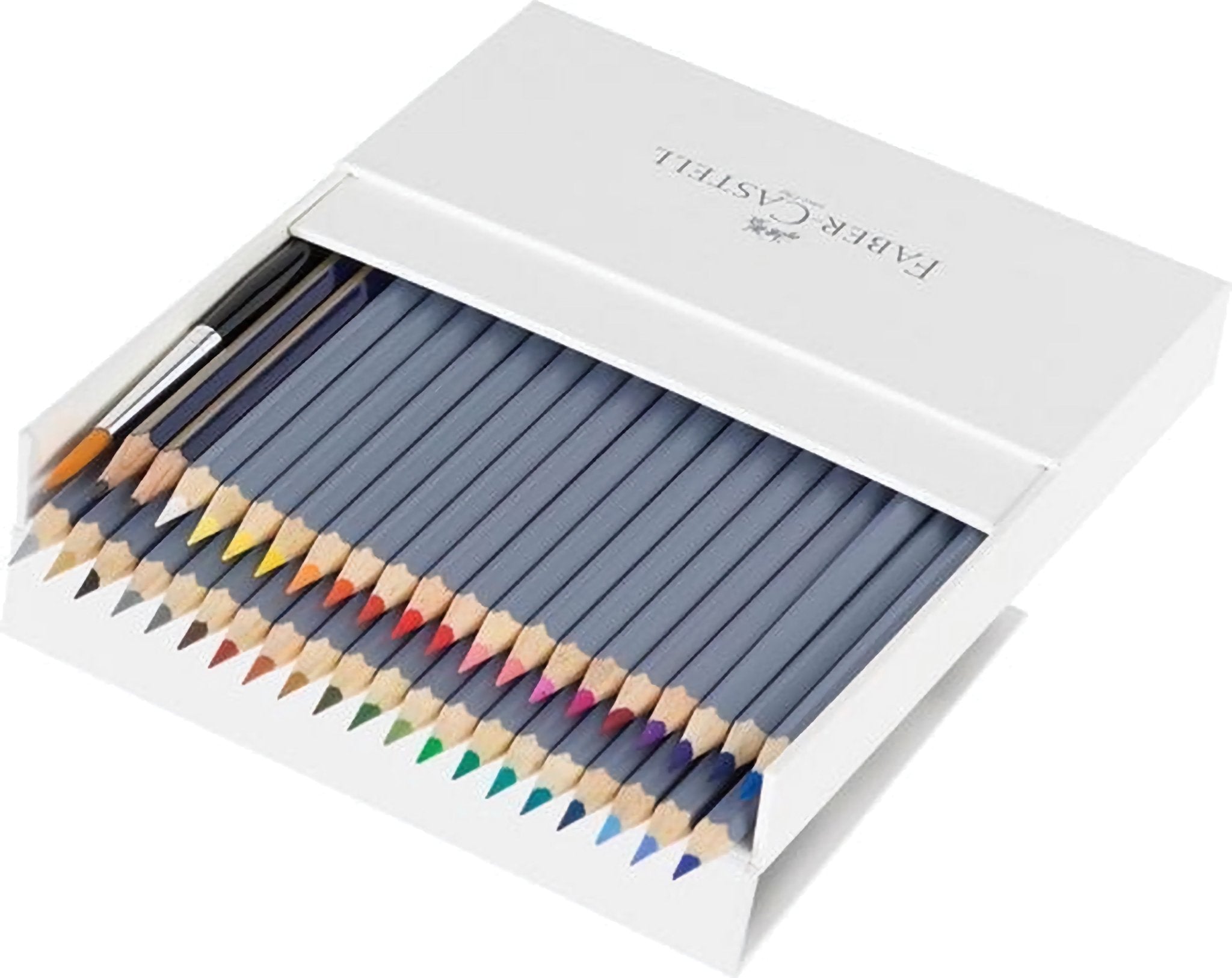 Set of colored pencils in a white box with Faber-Castell branding.