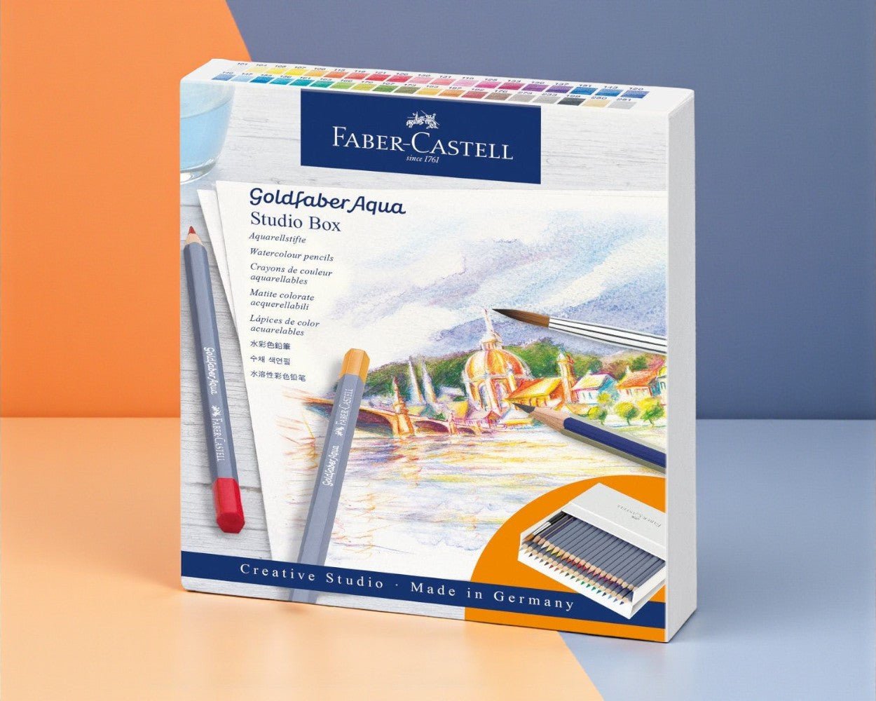 Faber-Castell Goldfaber Aqua watercolor pencils studio box on a colorful background