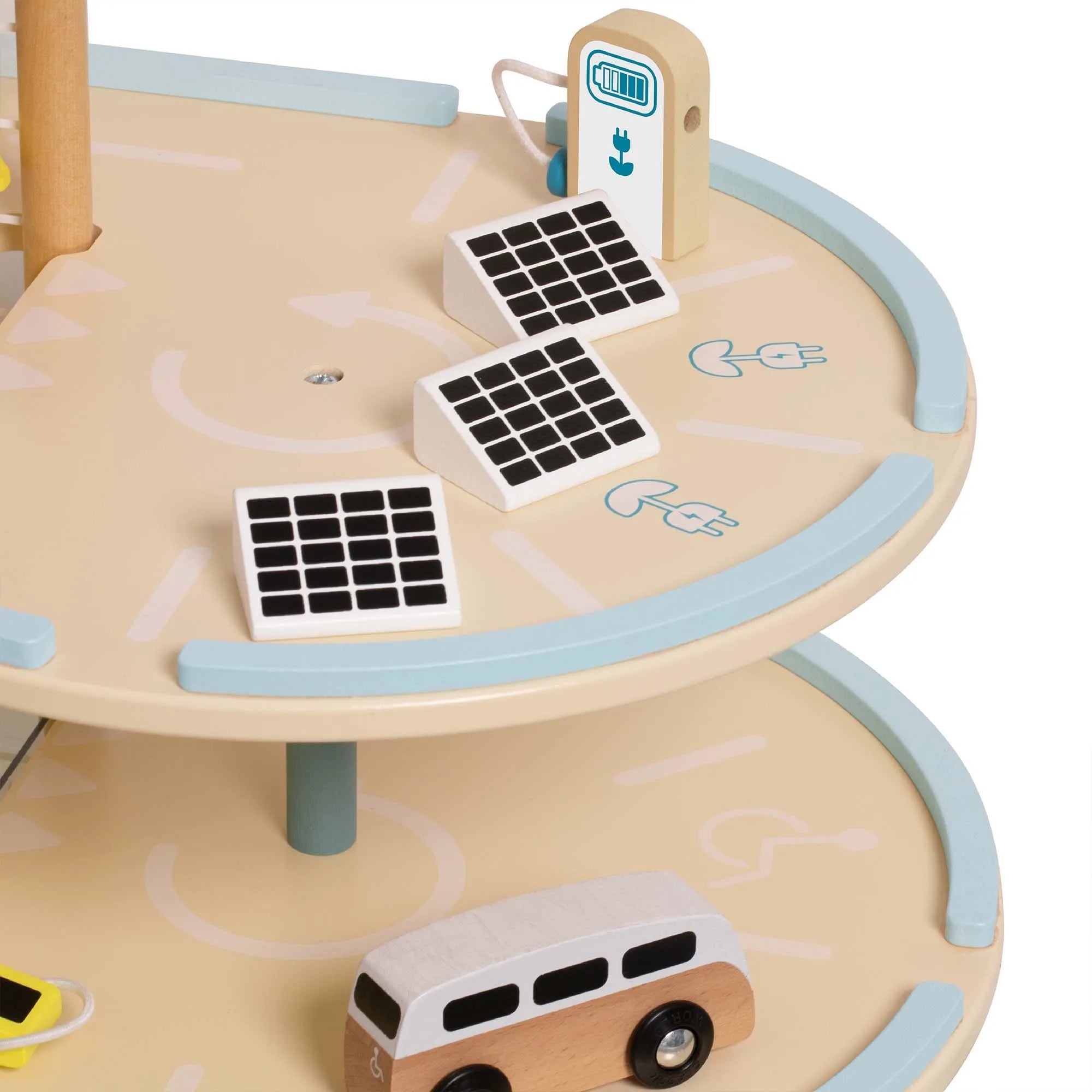 Wooden toy with solar panels and a bus on a white background