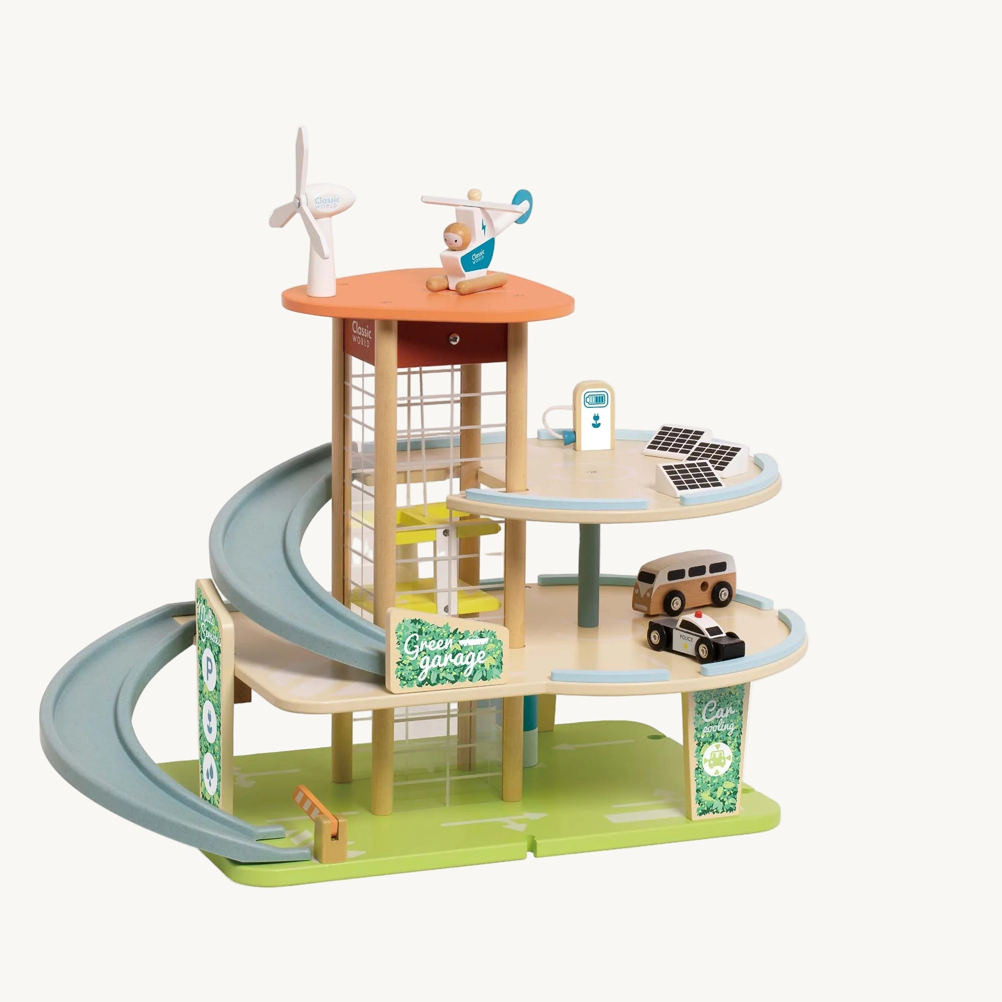 Toy power station with cars and tracks on a white background