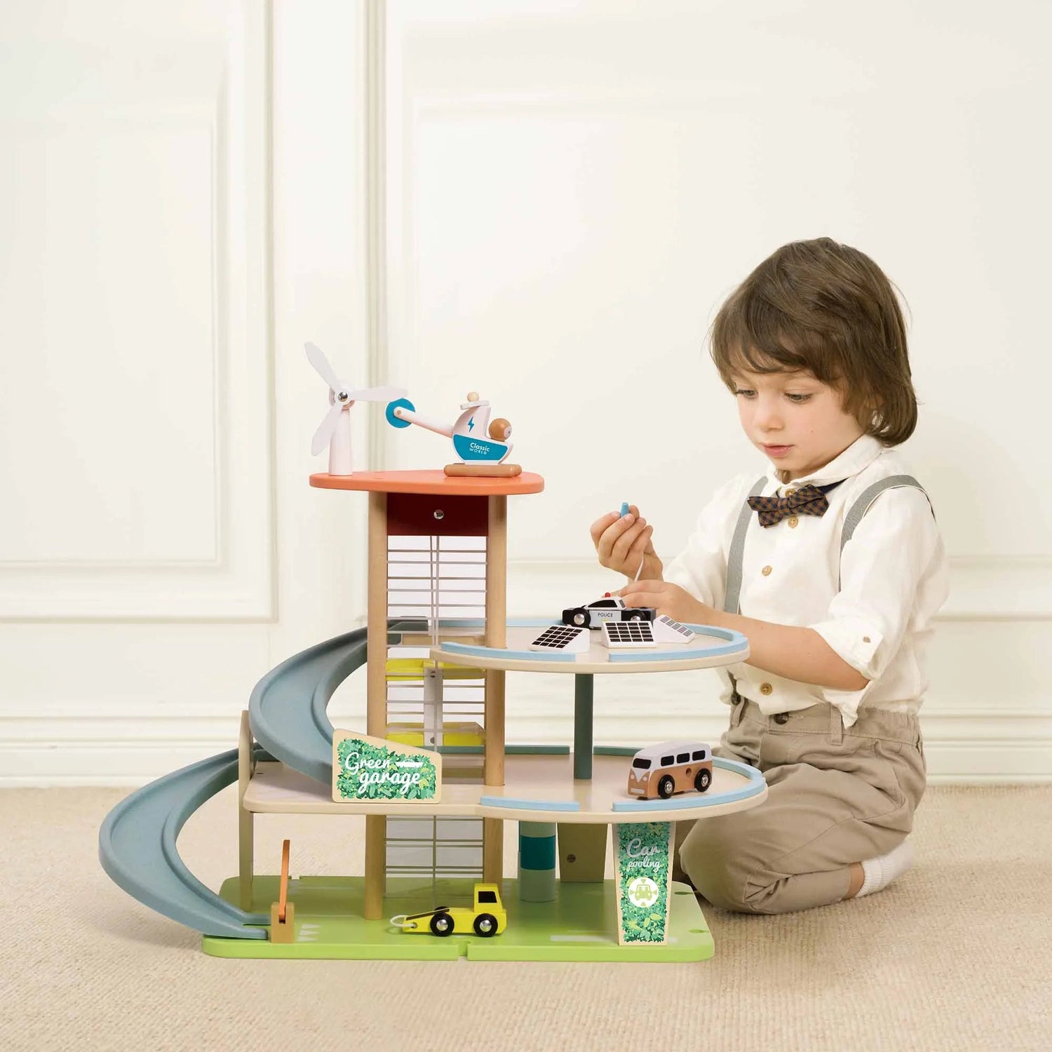 Child playing with a wooden toy set on a beige carpeted floor.