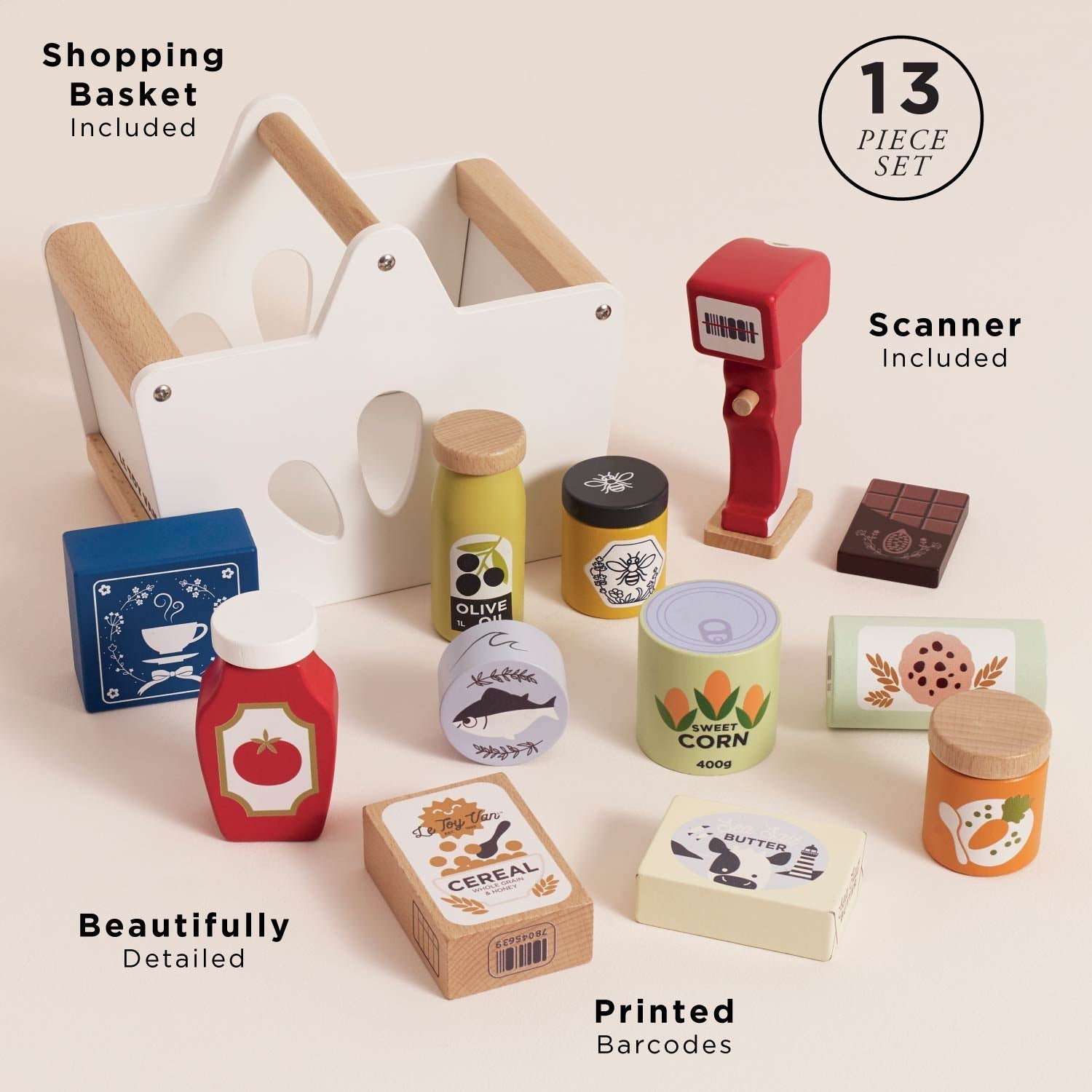 Toy set with a shopping basket, scanner, and various food items on a light background