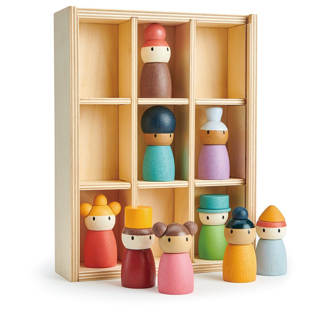 Set of colorful wooden peg dolls with a display case on a white background