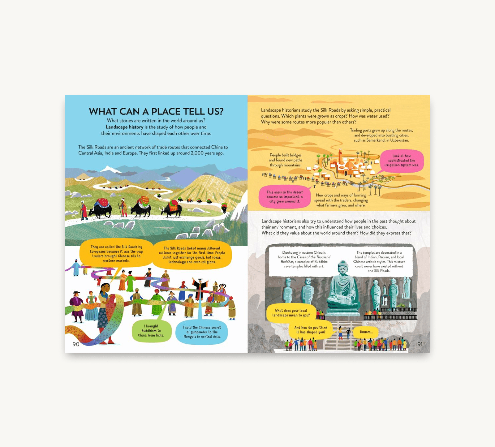 Educational book page about landscape history with illustrations and text.