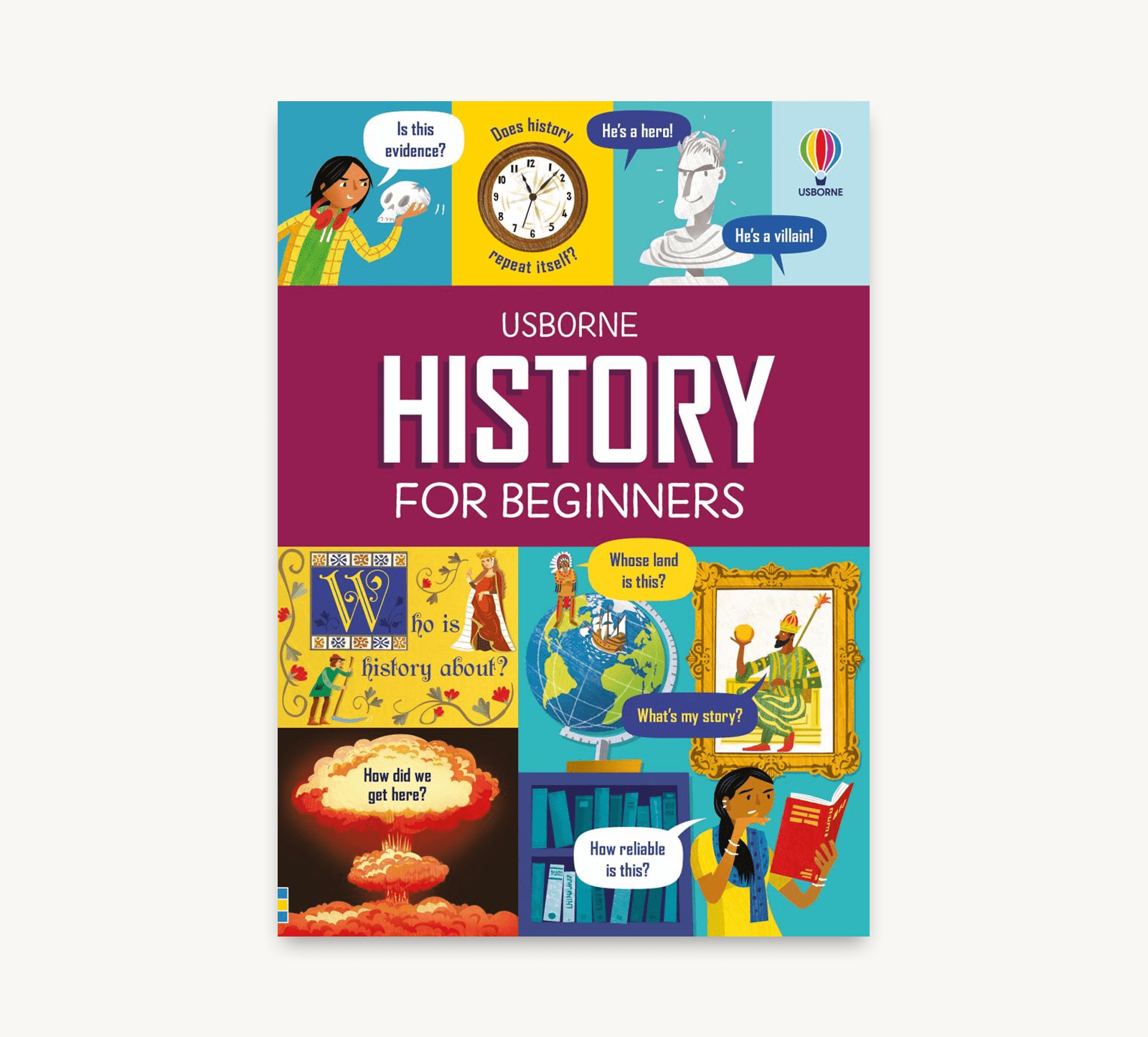 Book cover of 'Usborne History for Beginners' with colorful illustrations and text.