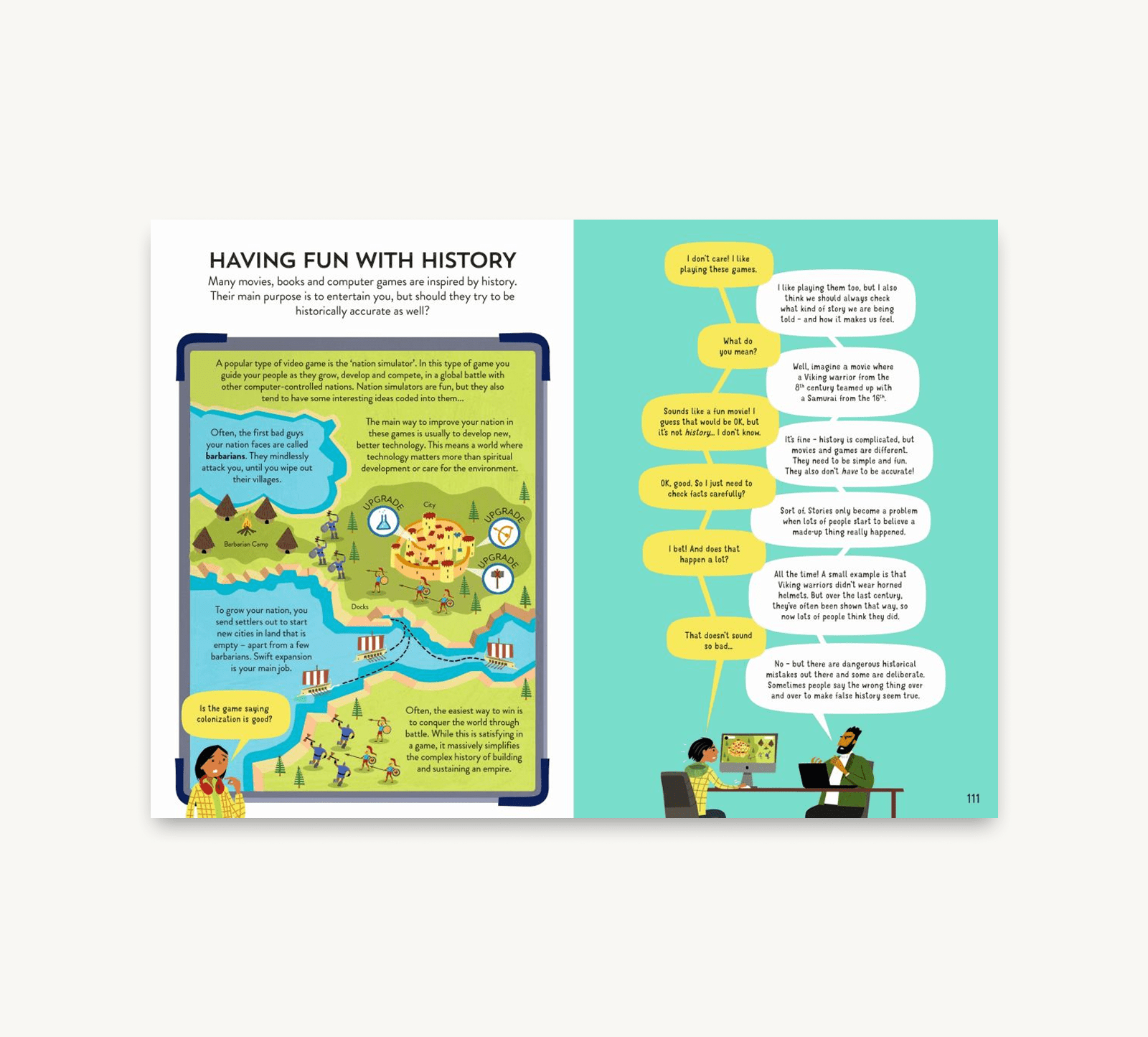 Educational book page with history-themed illustrations and text on a white background