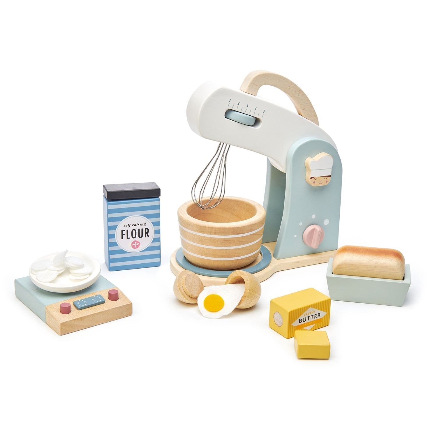 Wooden toy kitchen set with mixer, bowls, and ingredients on a white background