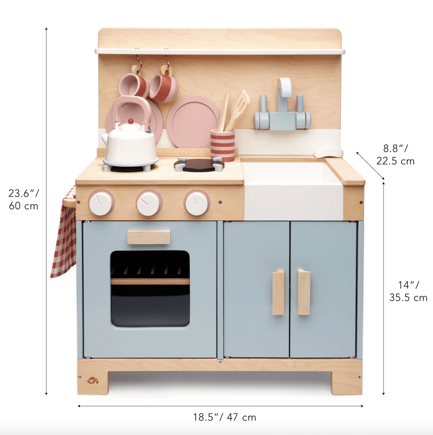 Wooden toy kitchen set with measurements on a white background