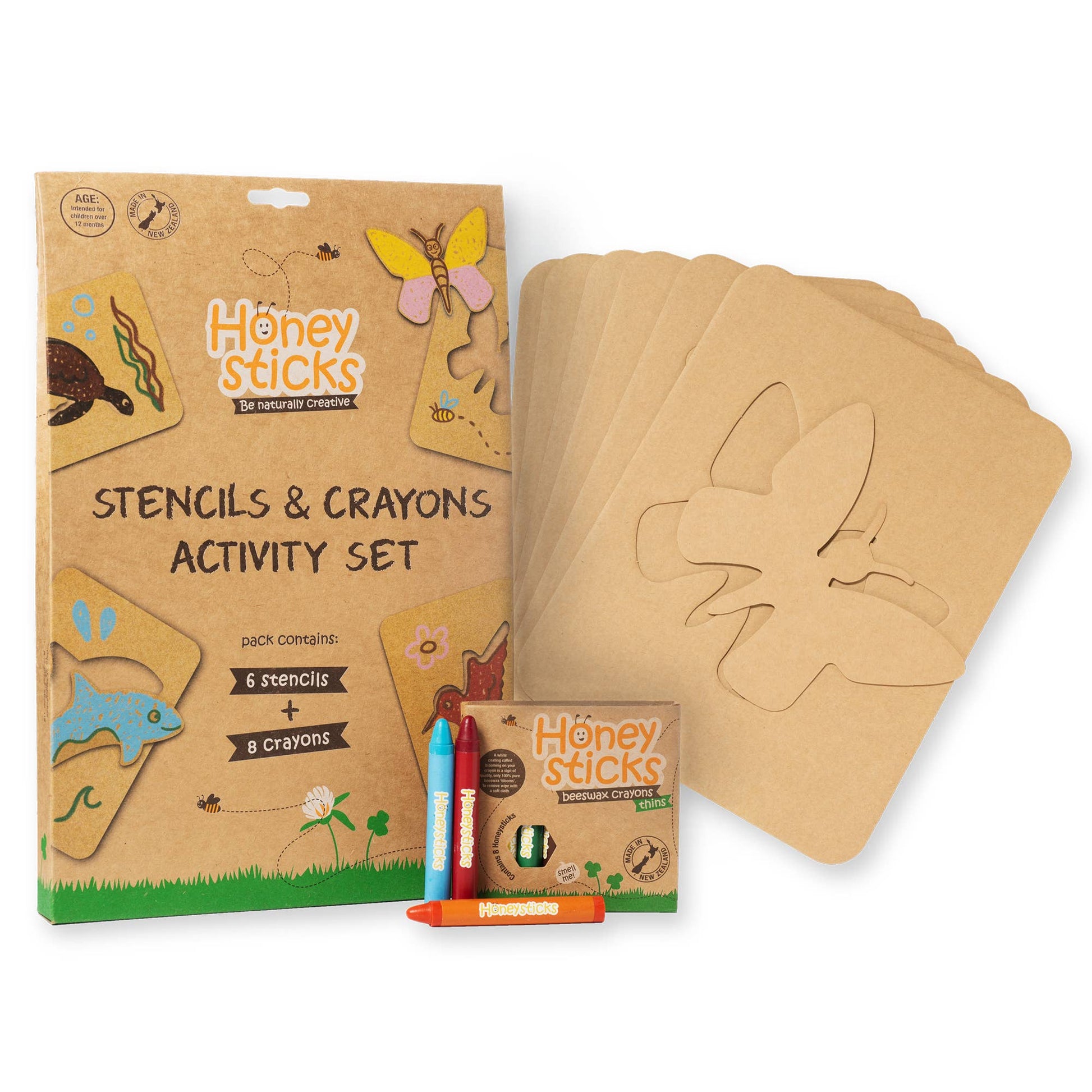 Honey Sticks stencils and crayons activity set with packaging on a white background