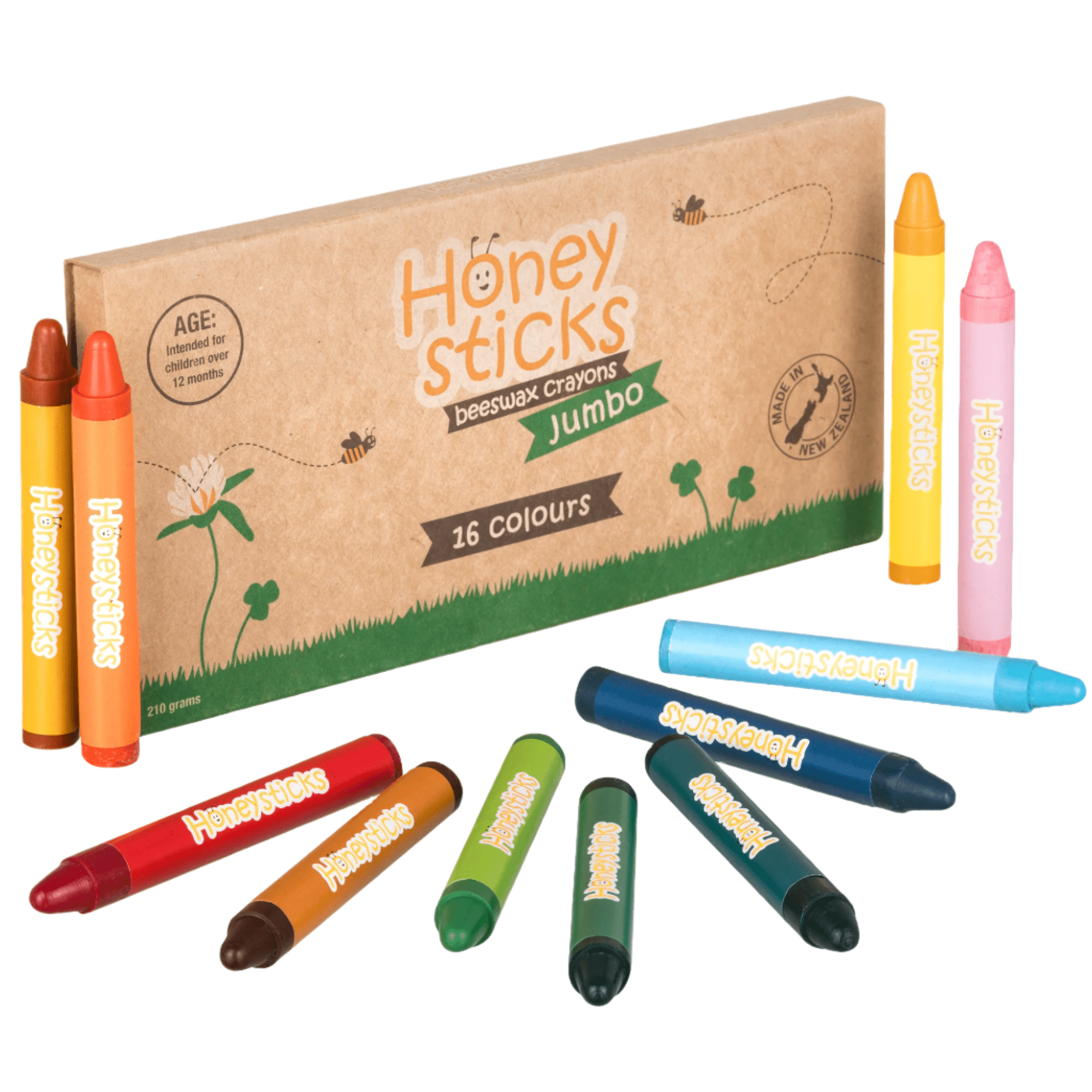 Honey Sticks beeswax crayons set with packaging on a white background