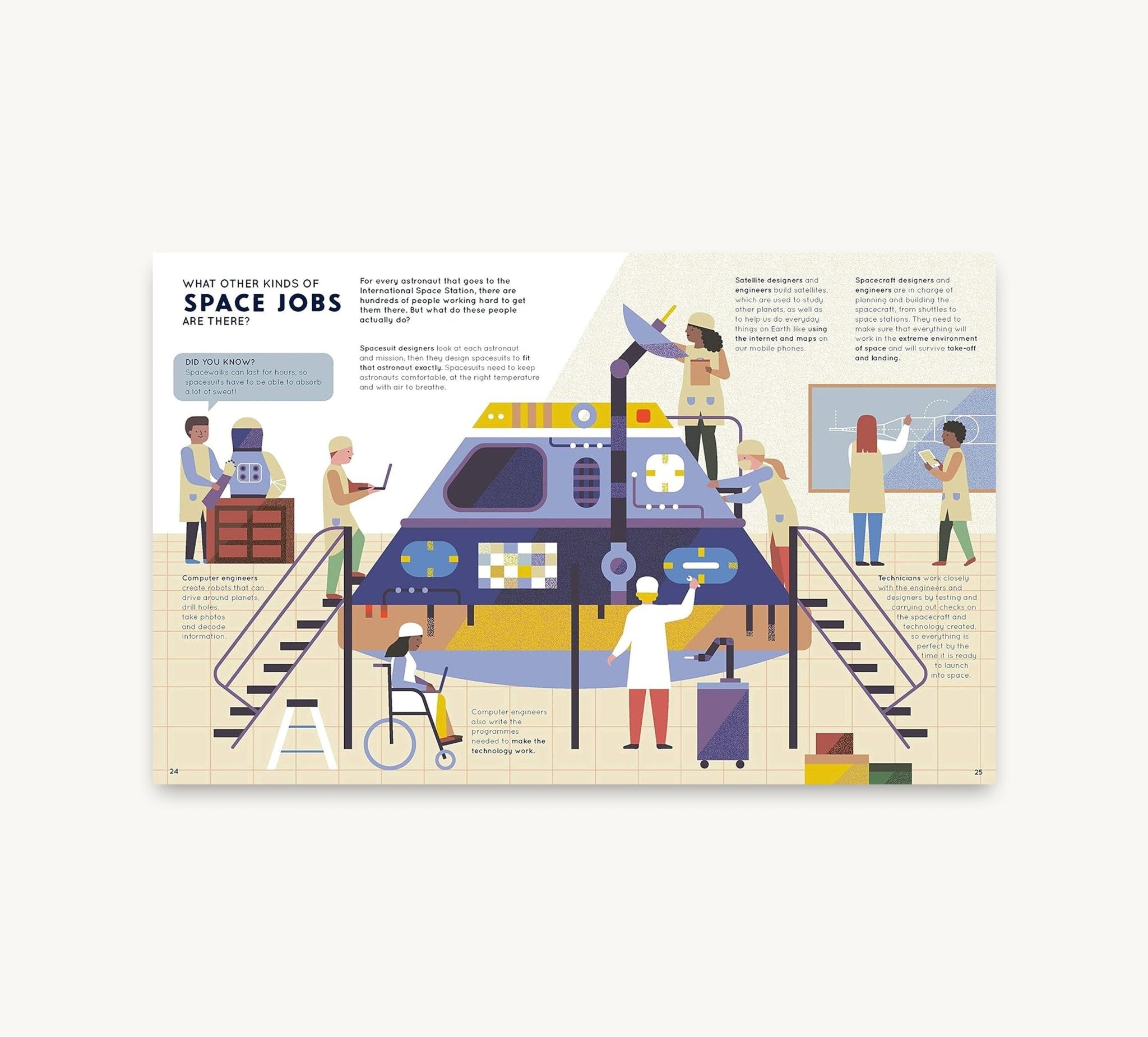 Illustration of people in various space-related jobs with text on a white background