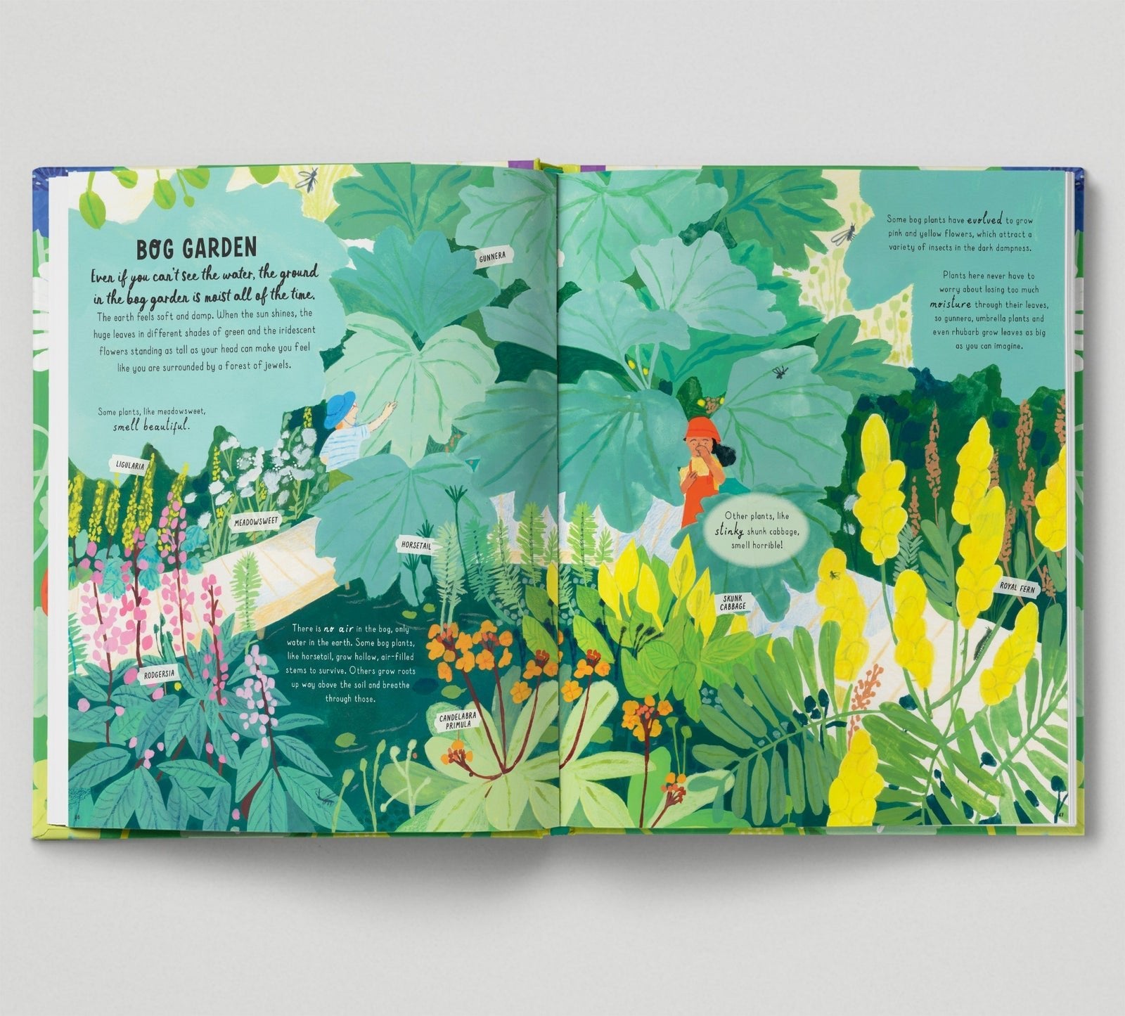 Illustrated book open to a page with a garden scene and text.