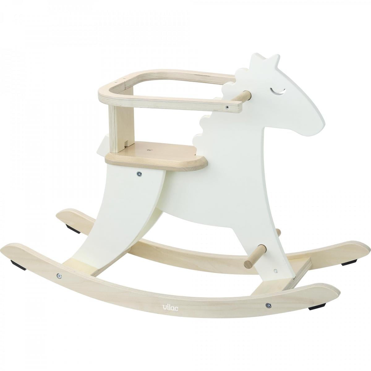 Wooden rocking horse with a white body and natural wood legs and seat on a white background