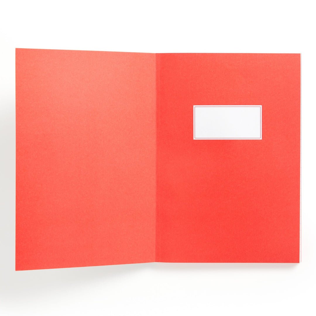 Red folder with a white label on a white background