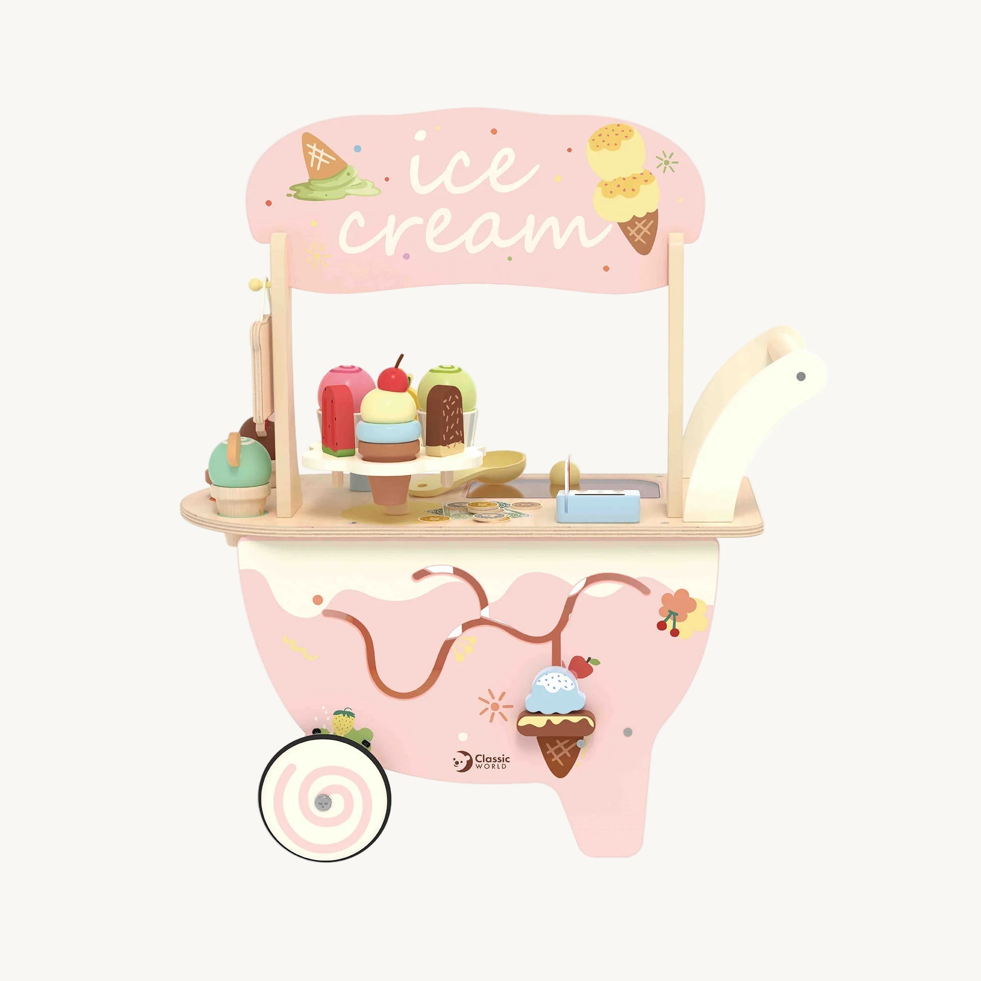 Toy ice cream cart with various ice cream cones on a white background