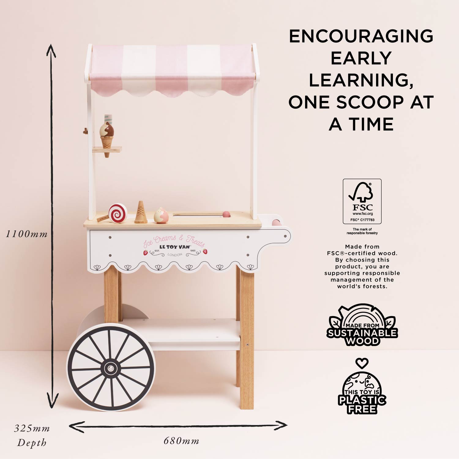 Wooden toy kitchen set with dimensions and sustainability information on a pink background
