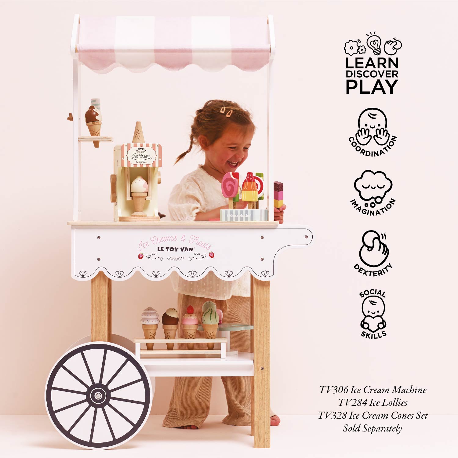 Children's ice cream cart with toy ice cream cones and lollies, featuring a girl playing with the set.