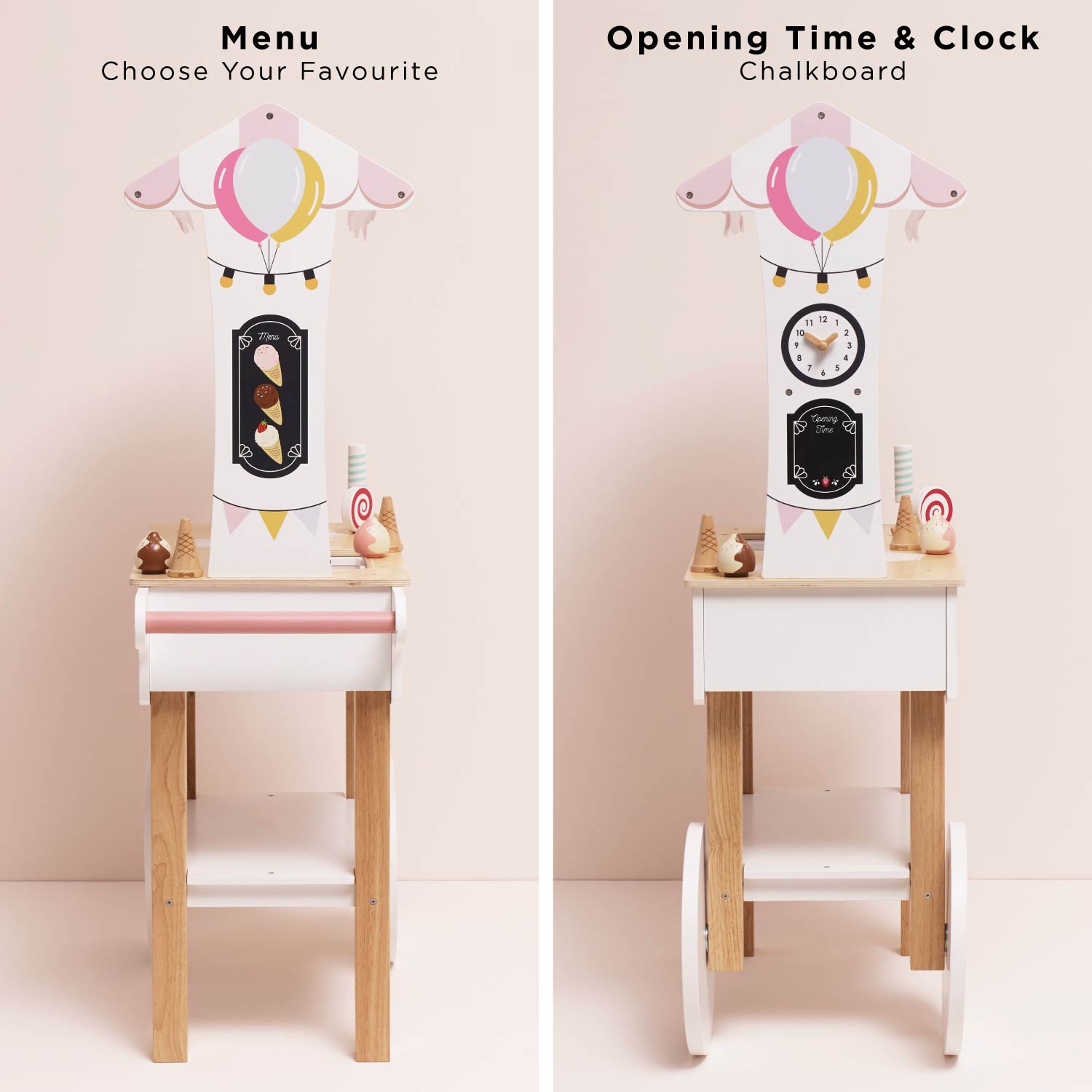 Children's menu and chalkboard with cloud design on a wooden stand against a pink background.