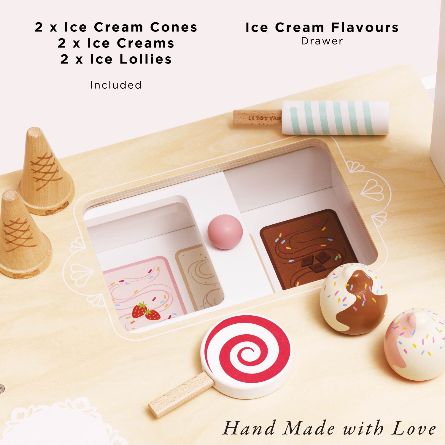 Wooden ice cream set with cones, ice creams, and lollipops on a light wooden surface.