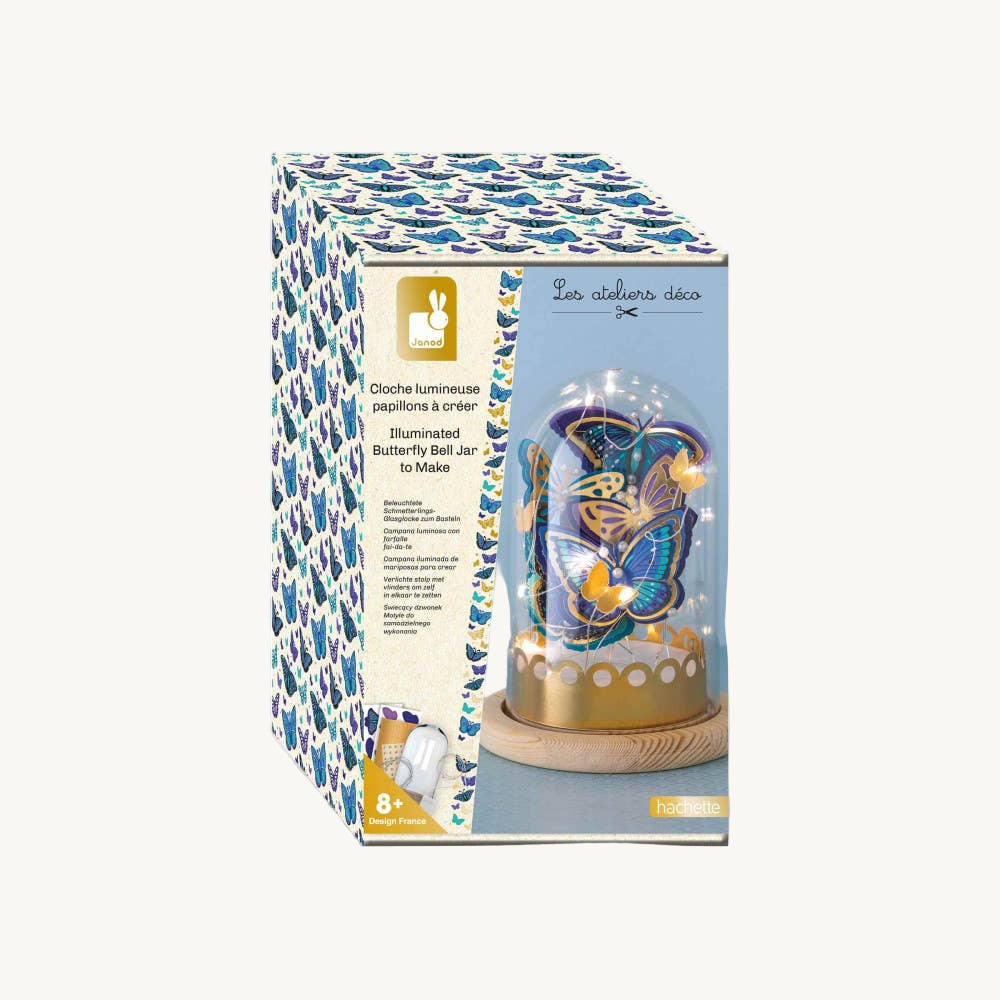 Packaging of an illuminated butterfly bell jar with decorative box
