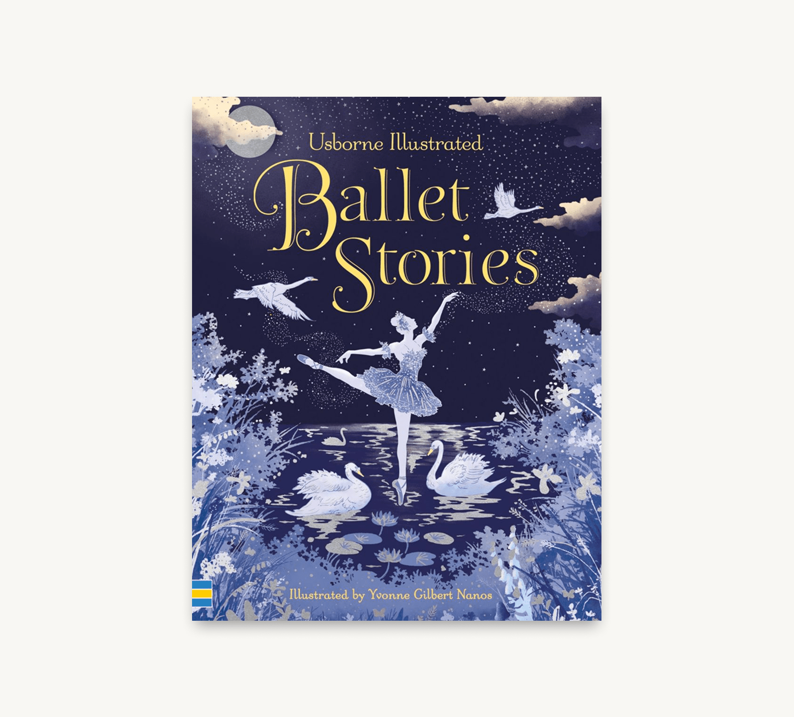 Book cover of 'Usborne Illustrated Ballet Stories' with a dancer and swans design on a dark blue background.