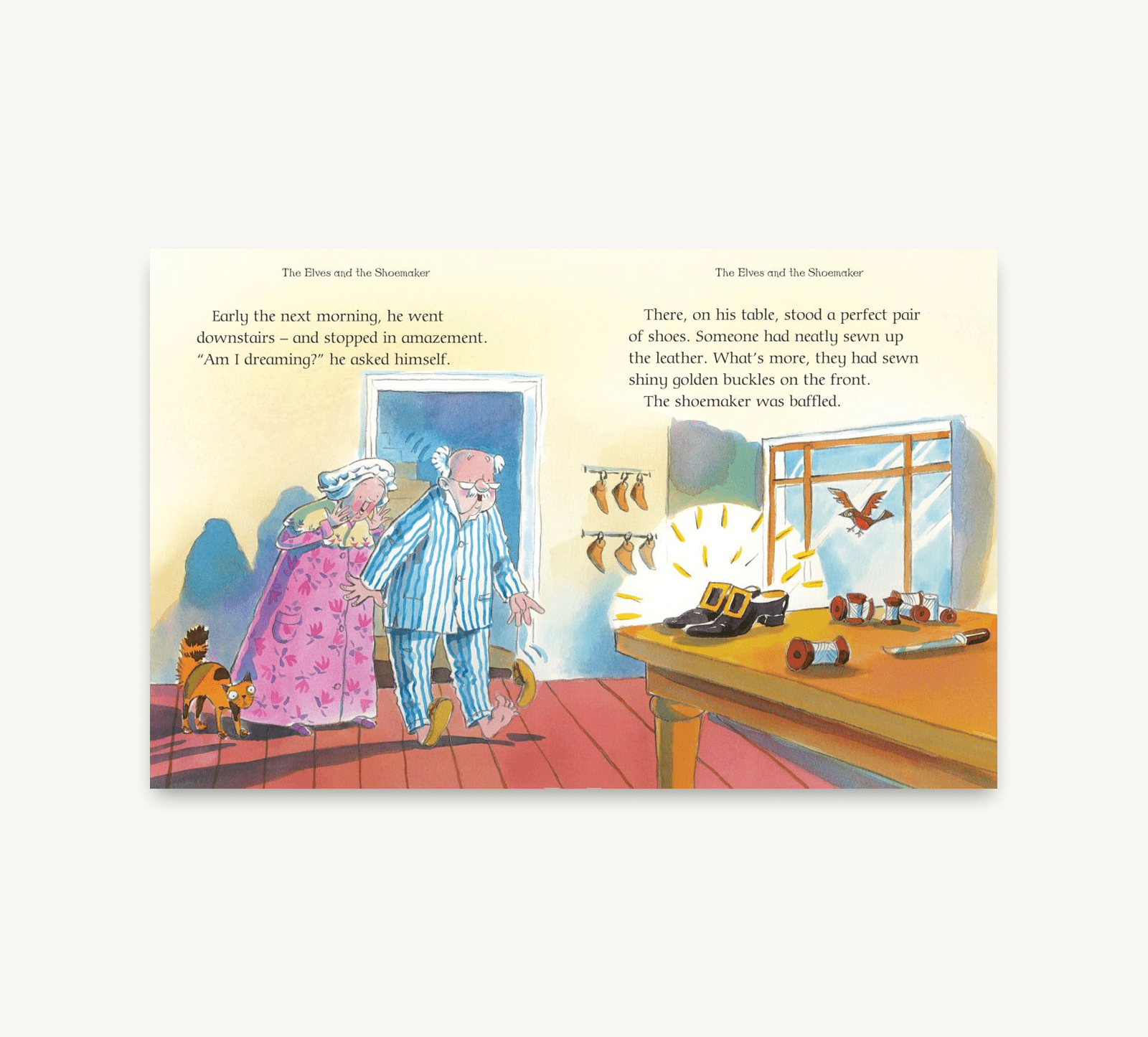 Illustration from a children's book showing a man and woman entering a shoe store.
