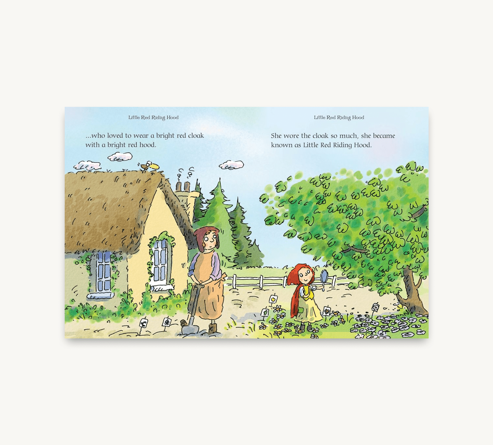Illustration of Little Red Riding Hood and her grandmother in a garden with a house in the background.