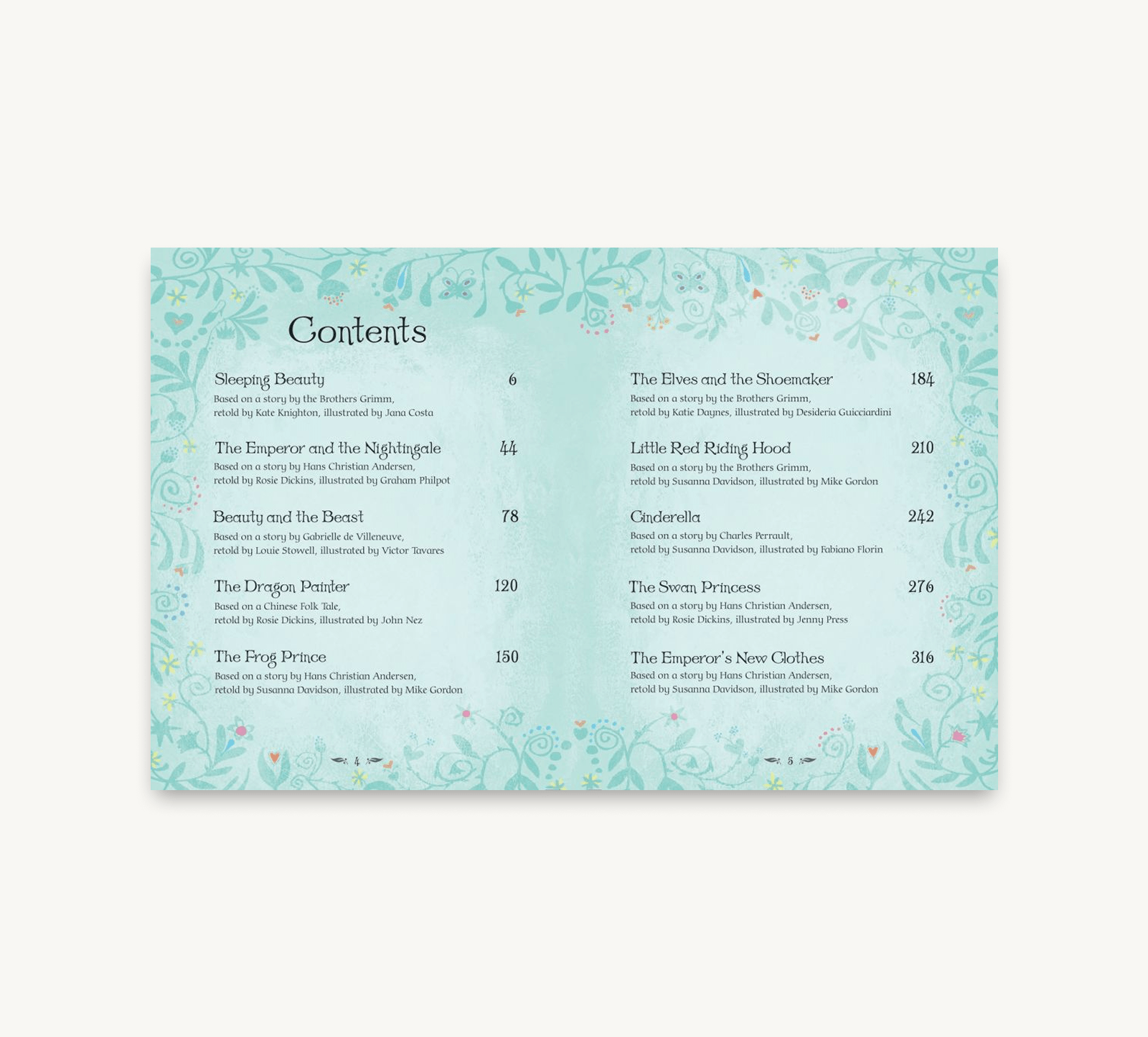 Table of contents page with decorative elements on a white background