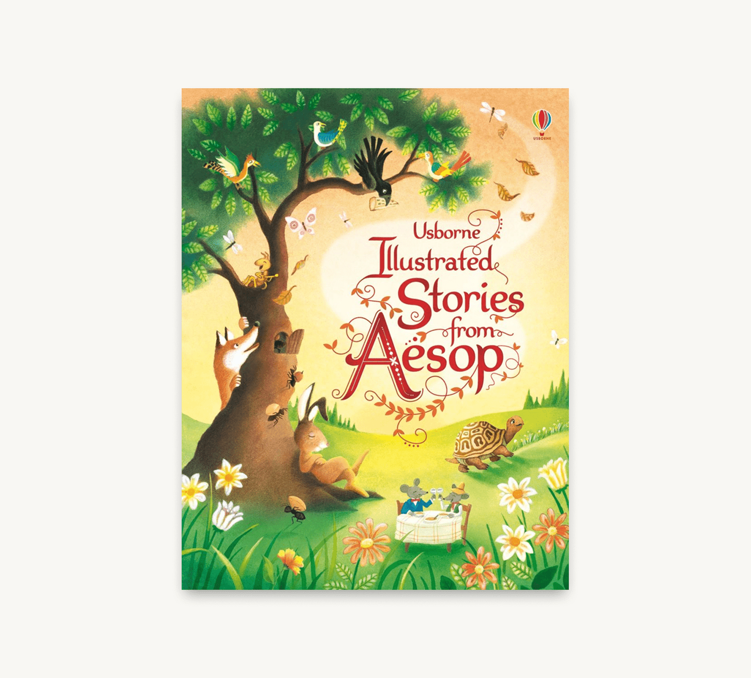 Book cover of 'Illustrated Stories from Aesop' with a colorful illustration of animals around a tree.