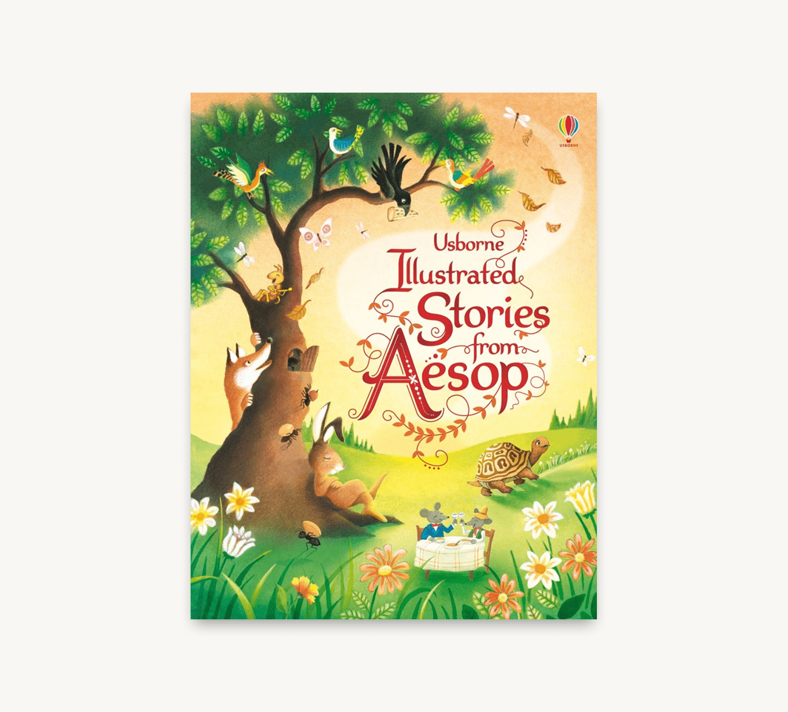 Book cover of 'Illustrated Stories from Aesop' with a colorful illustration of animals around a tree.