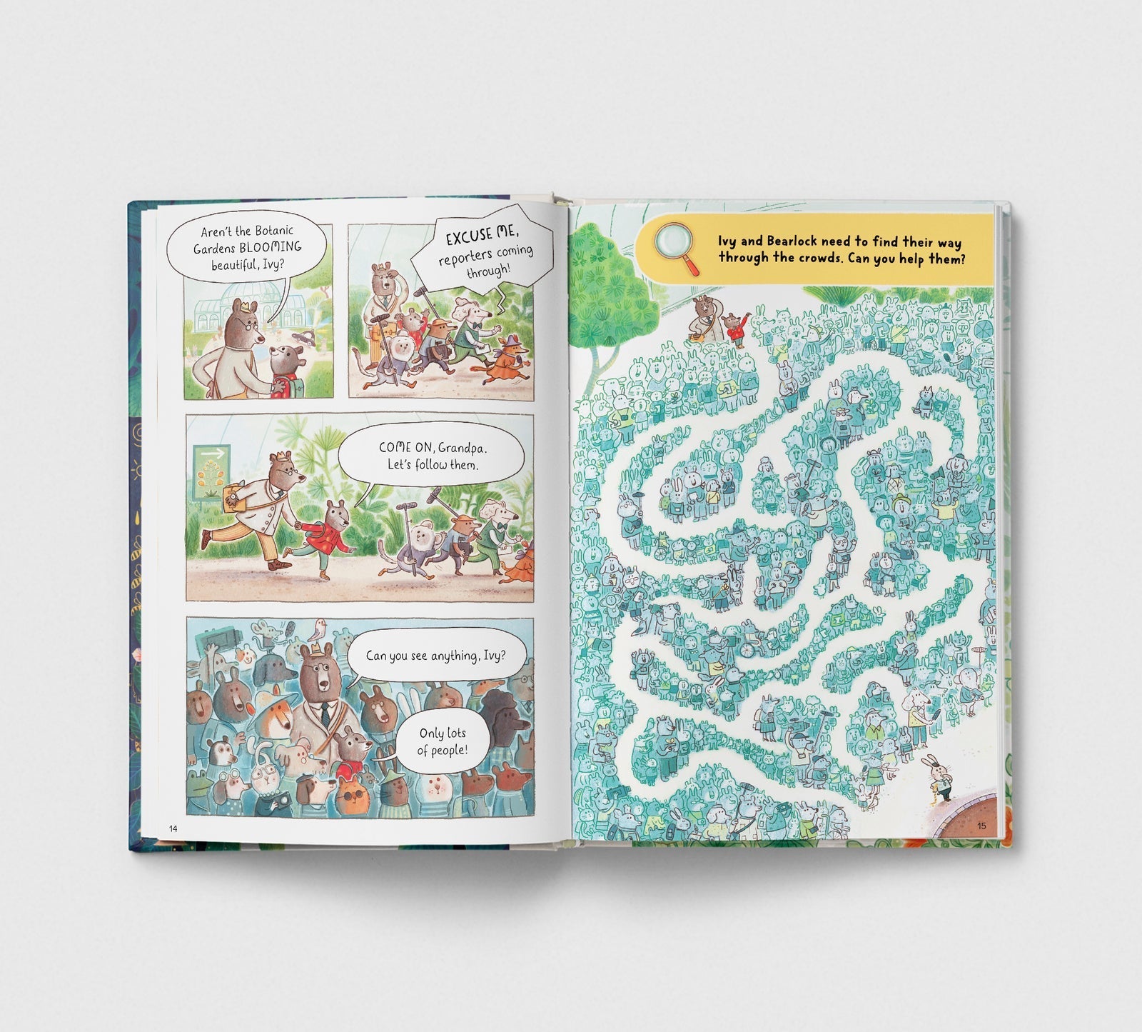 Open book with illustrations and a maze on a white background