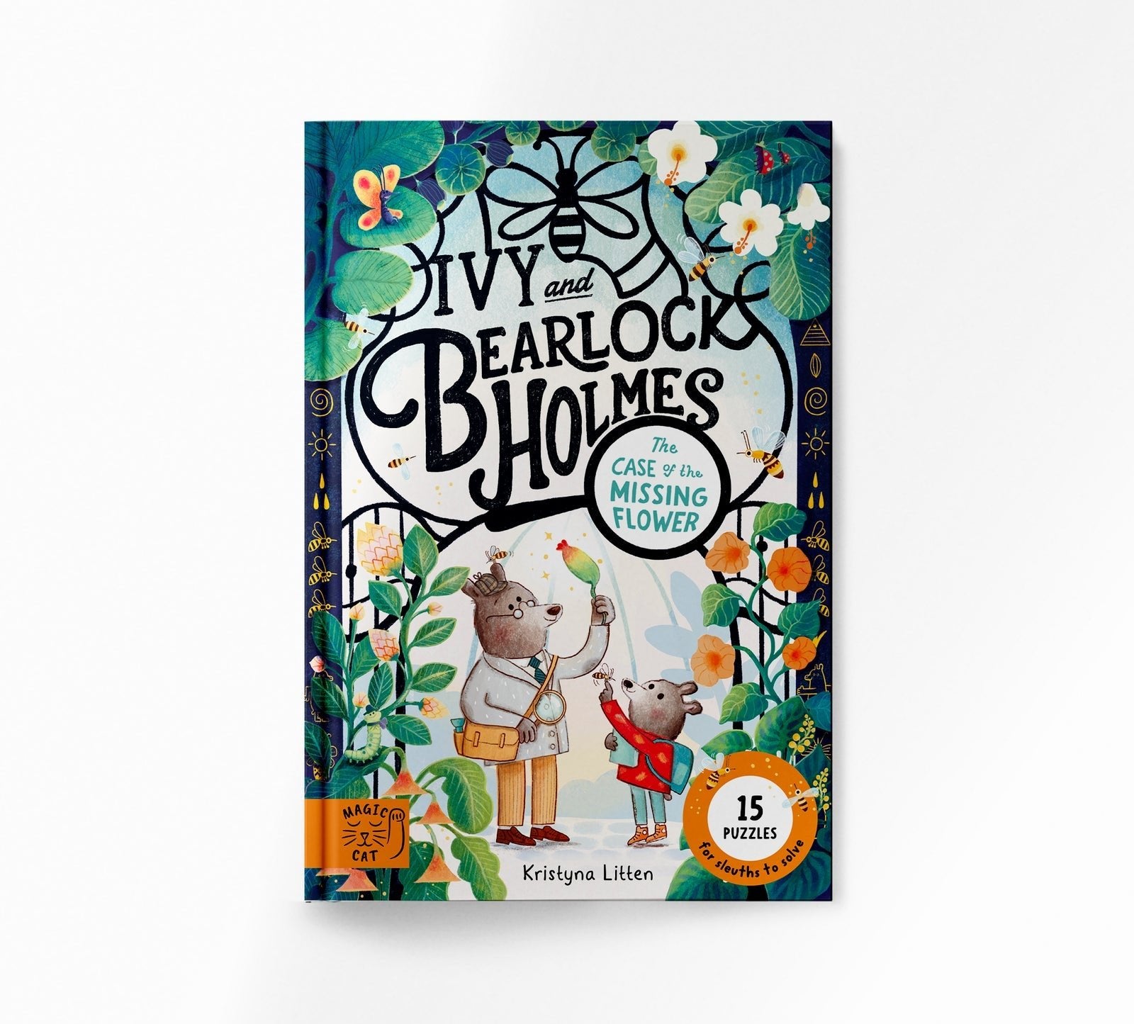 Book cover of 'Ivy and Bearlock Holmes' with illustrations of two bears and floral elements.