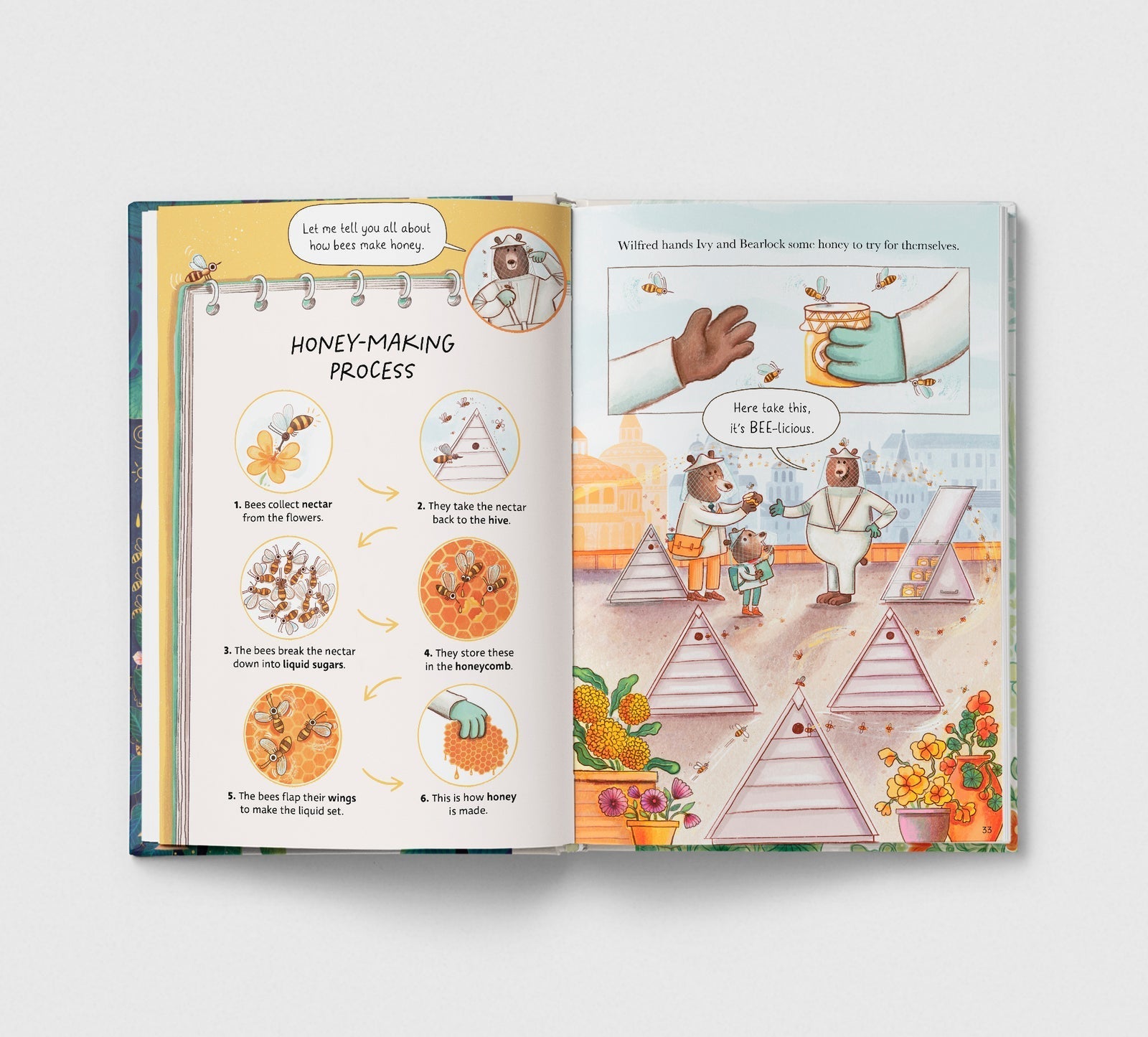 Open book showing illustrations and text about the honey-making process